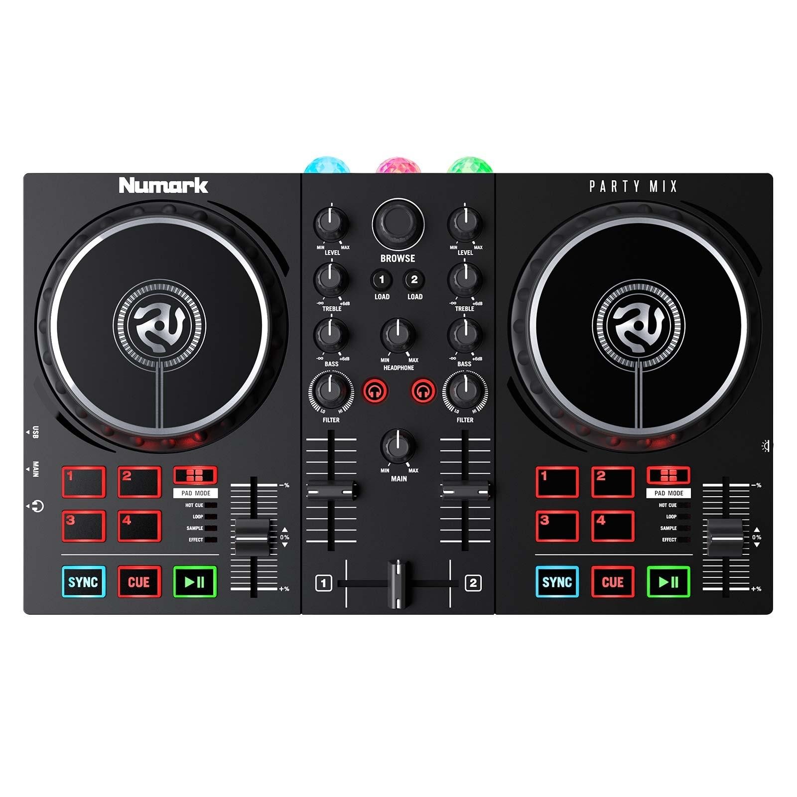 Numark Party Mix II DJ Controller w Lights & 2 Gemini 12" PA Speakers