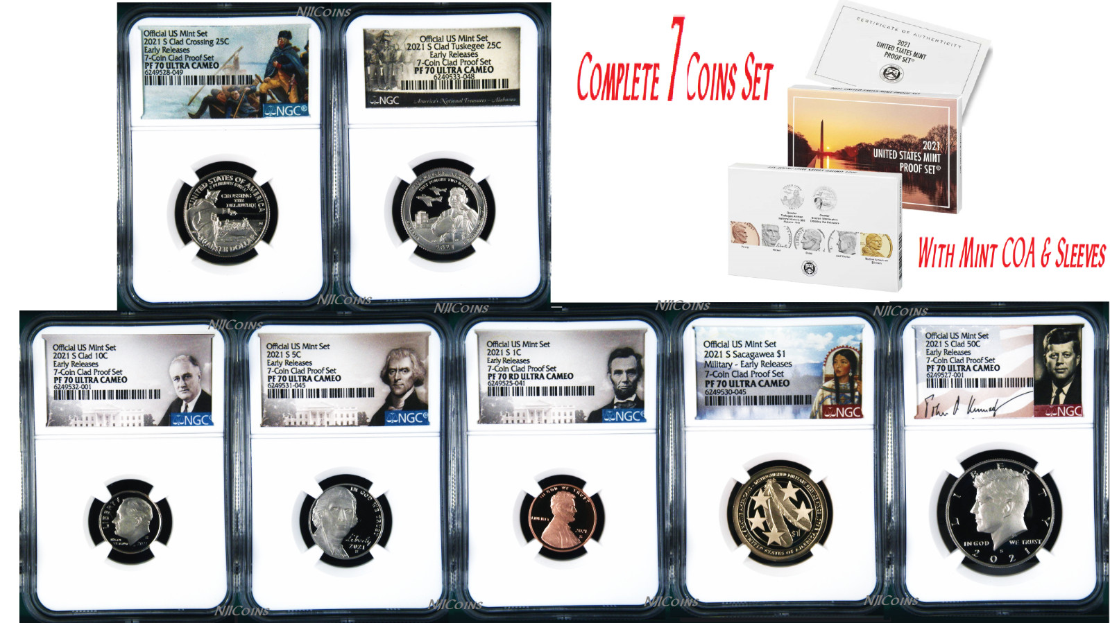 2021 US Mint Proof 7-Coin-SET Dime Half Penny Nickel Quarter Dollar NGC PF70 ER