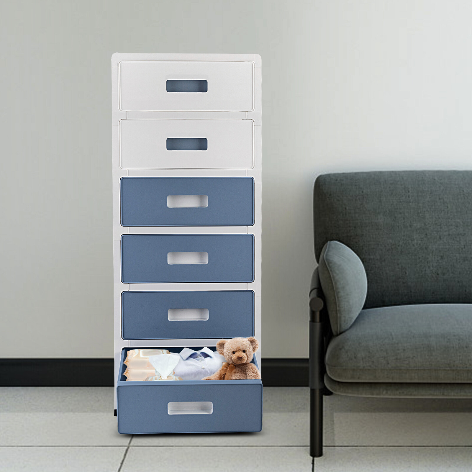 33in Blue White 6-Drawer Organizer, Household/Office Storage Cabinet Drawer Type