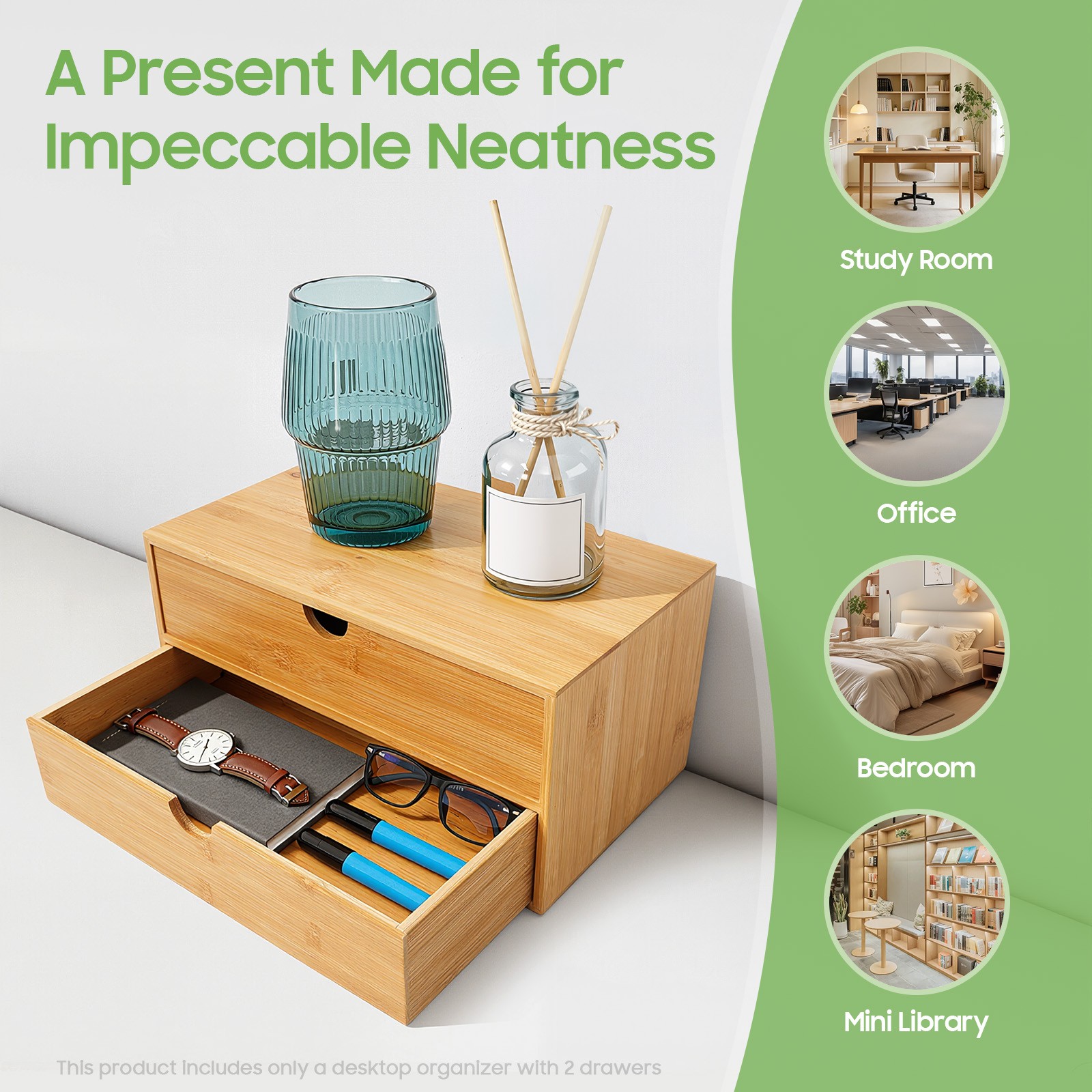 Bamboo Desk Organizer -Tabletop Mini Bamboo Desk Drawer Storage Box w/ 2 Drawers