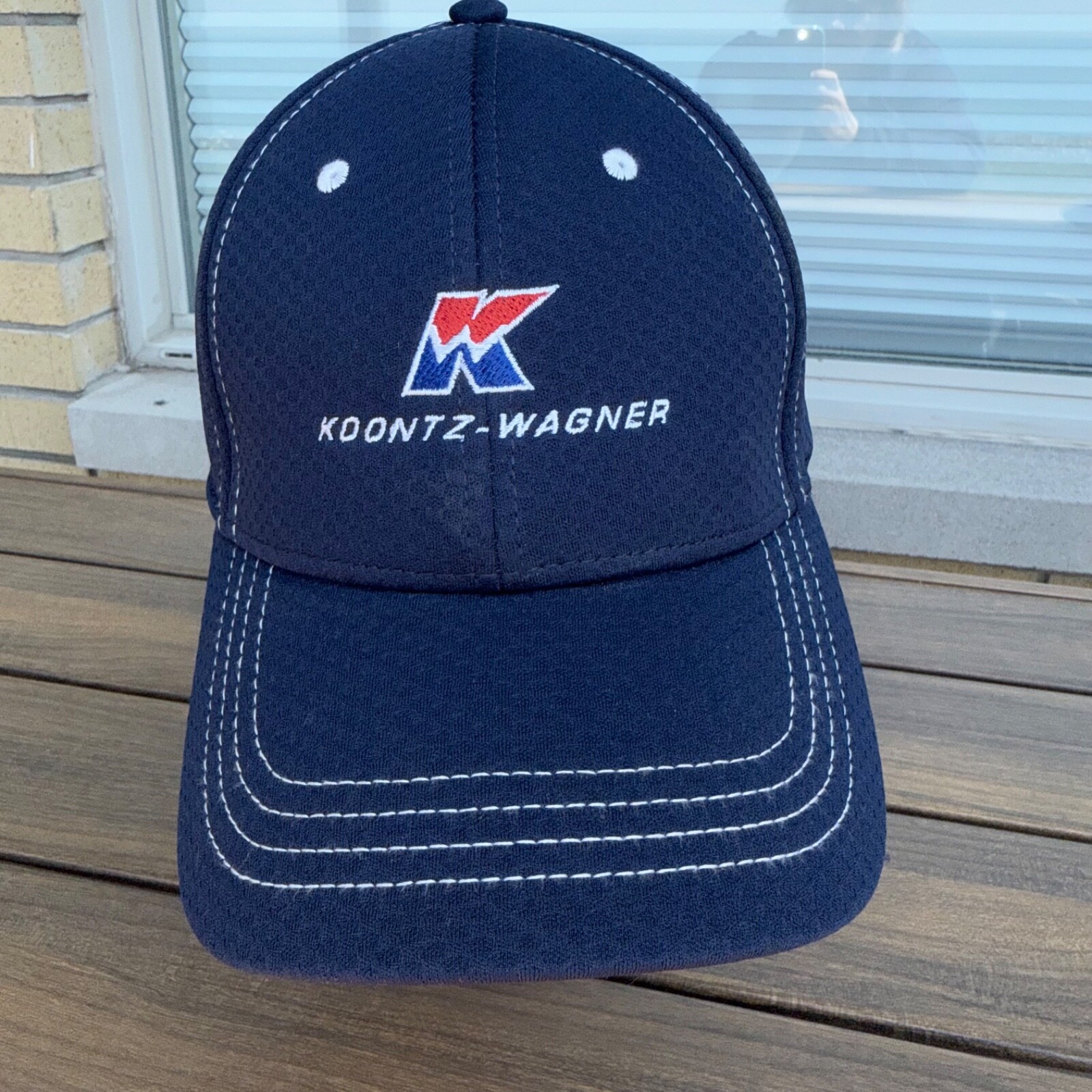 Koontz-Wagner RWb K Logo Letters on Navy Blue Hat Cap Hook Loop Top Stitch EUC