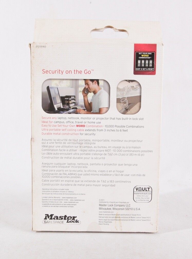 MasterLock Safe Space Word Computer & Laptop Lock, 2120DWD, NIP