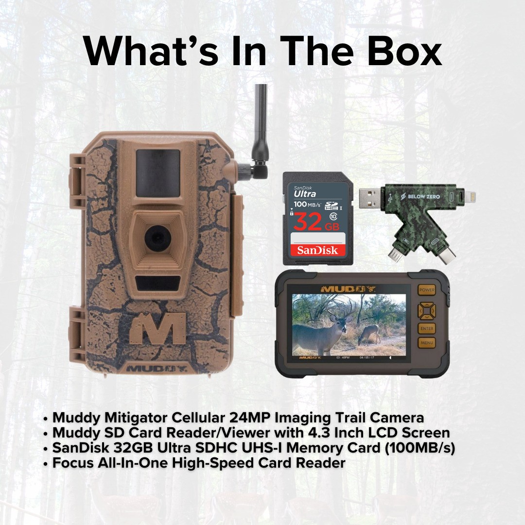 Muddy Mitigator Cellular 24MP Imaging Trail Camera 80 Feet Detection Bundle