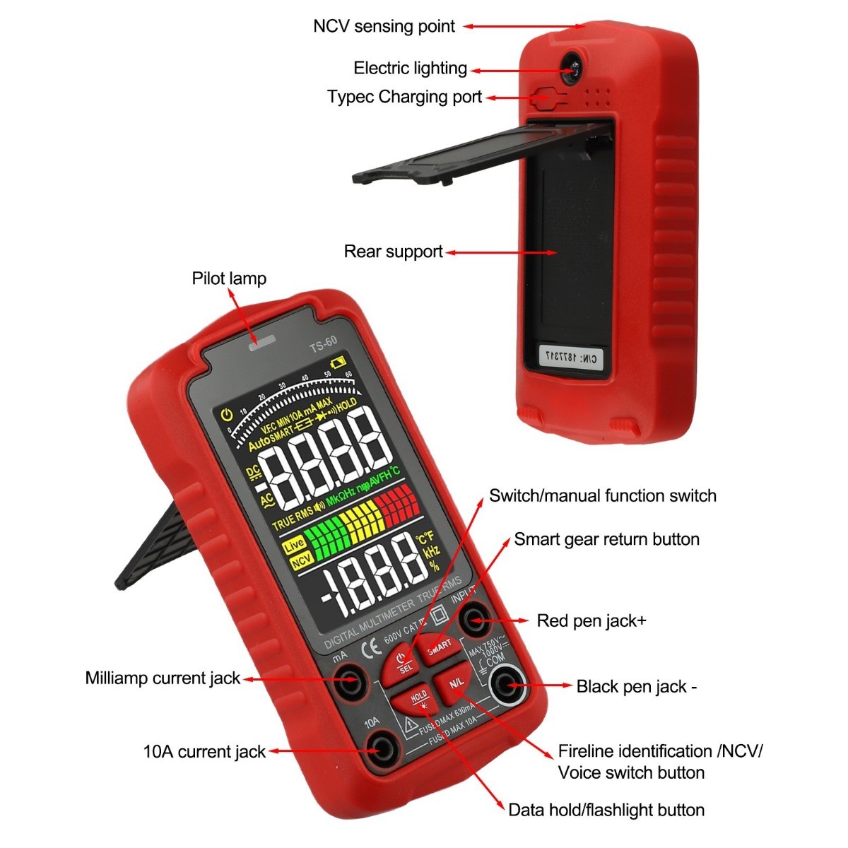 For Smart Digital Multimeter USB Rechargeable TRMS 6000 Counts ACDC Voltmeter