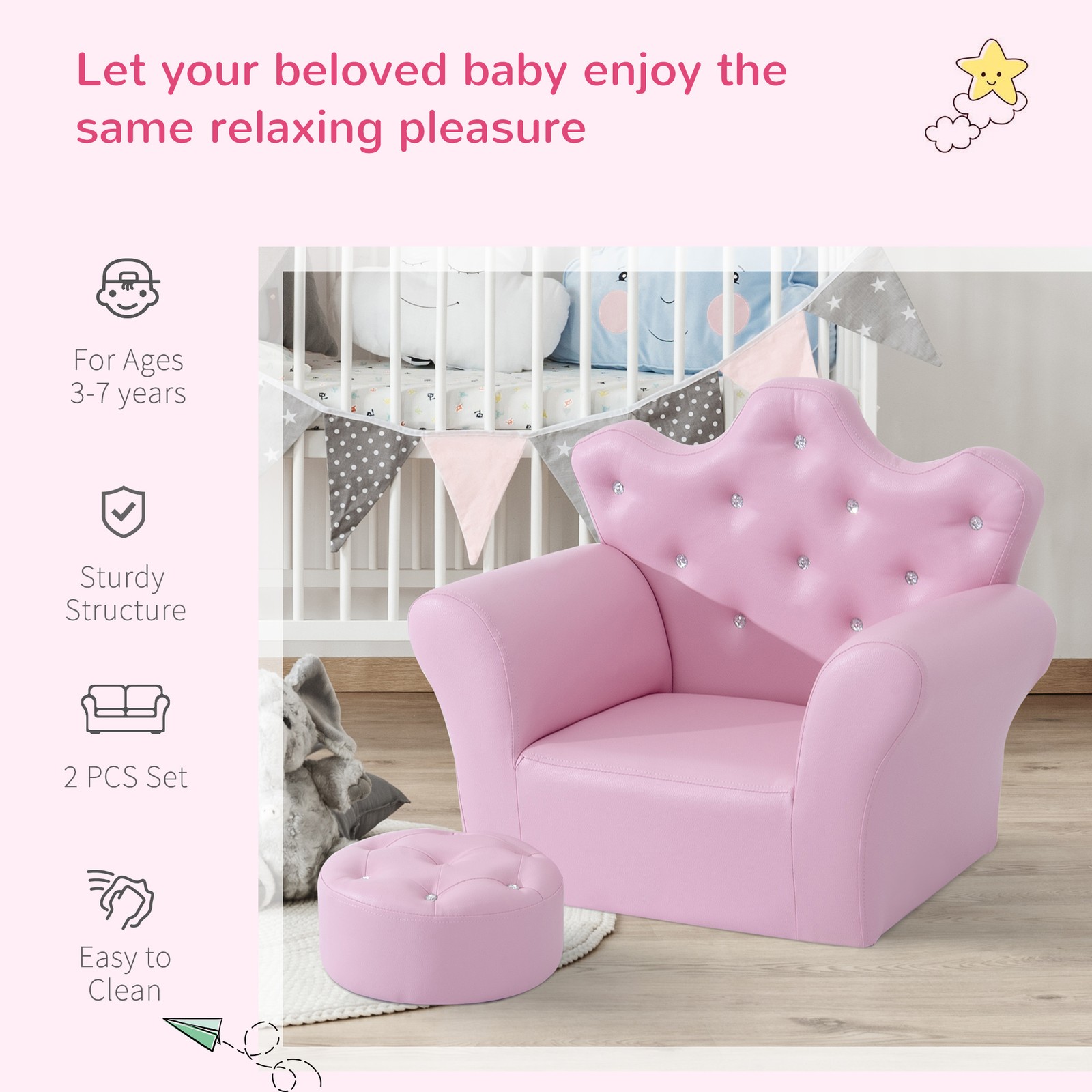 Kids Sofa Set with Footstool Princess Sofa with Diamond Decoration Toddler Couch