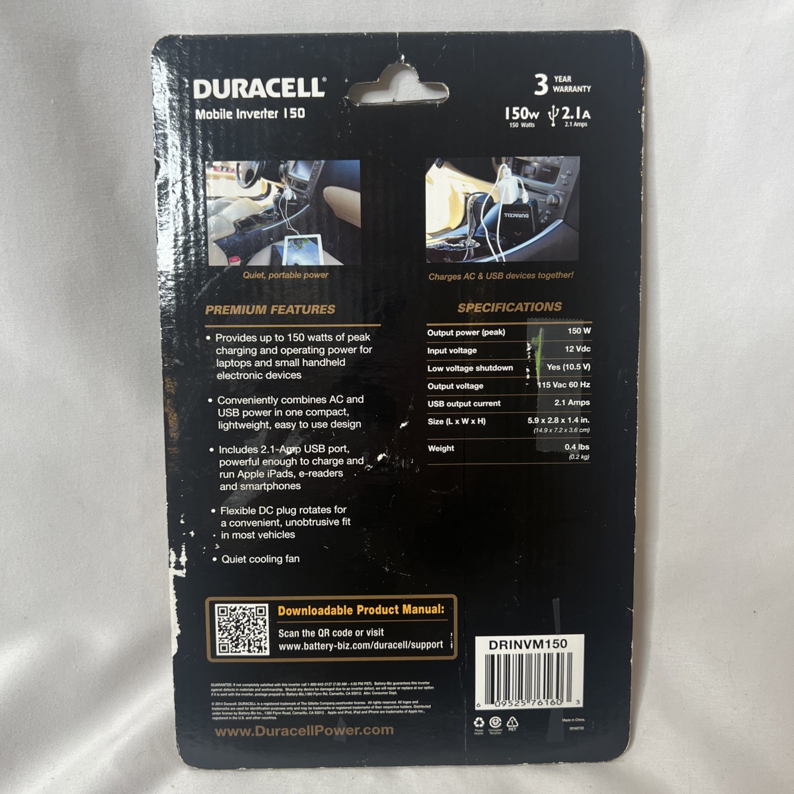 Duracell 150 Watt Power Inverter Car Cigarette Plug DRINVM150 NEW