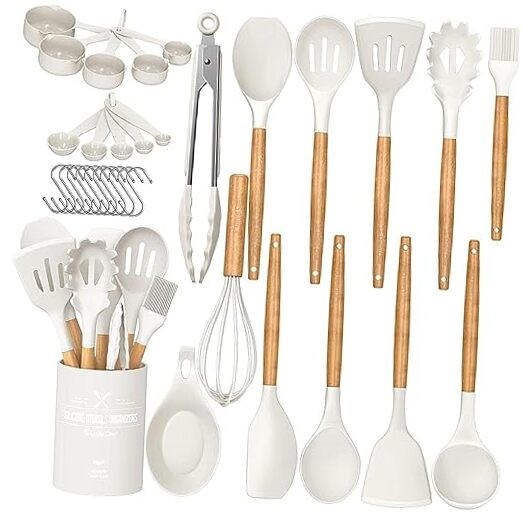Kitchen Cooking Utensils Set, 33 pcs Non-stick Silicone Cooking Cream White