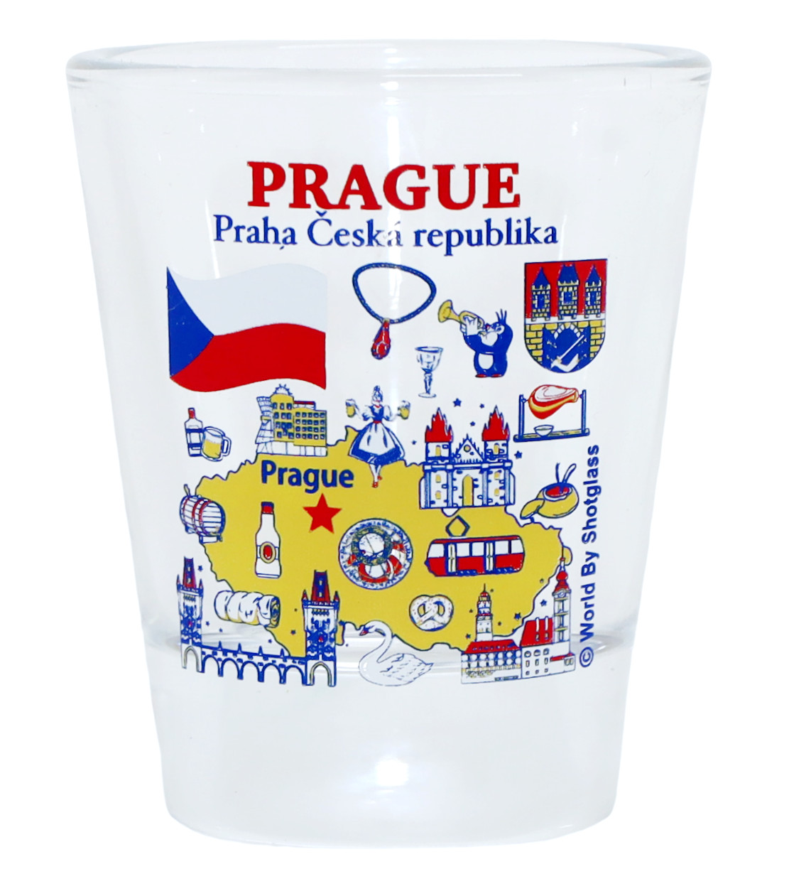 PRAGUE PRAHA CZECH REPUBLIC LANDMARKS AND ICONS COLLAGE SHOT GLASS