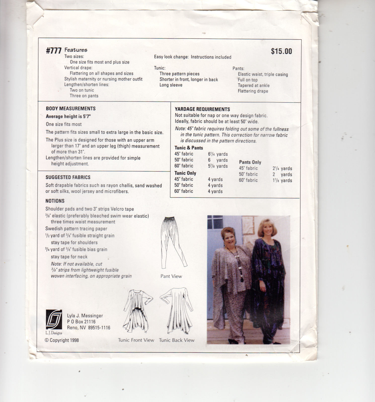 L J Designs 777 Freedom Wrap Tunic Pants Draping Sewing Pattern Sizes S-XL UC