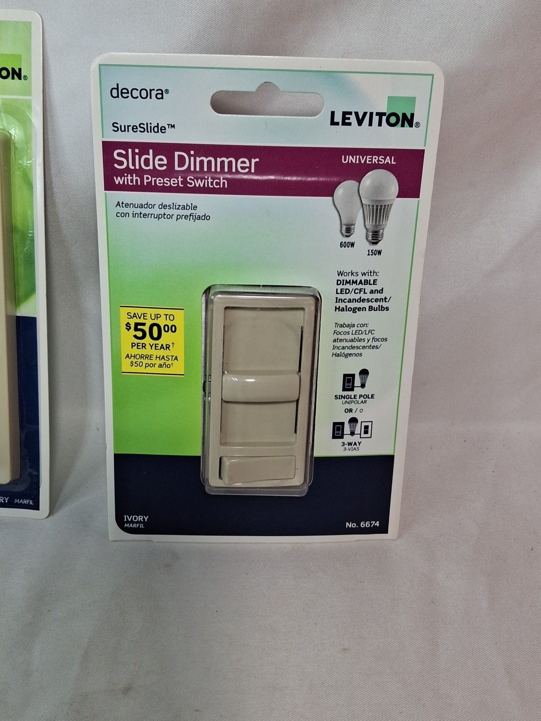 LEVITON Sure Slide Dimmer Wall Switch Dimmable LED Halogen & Wallaplate ~ IVORY