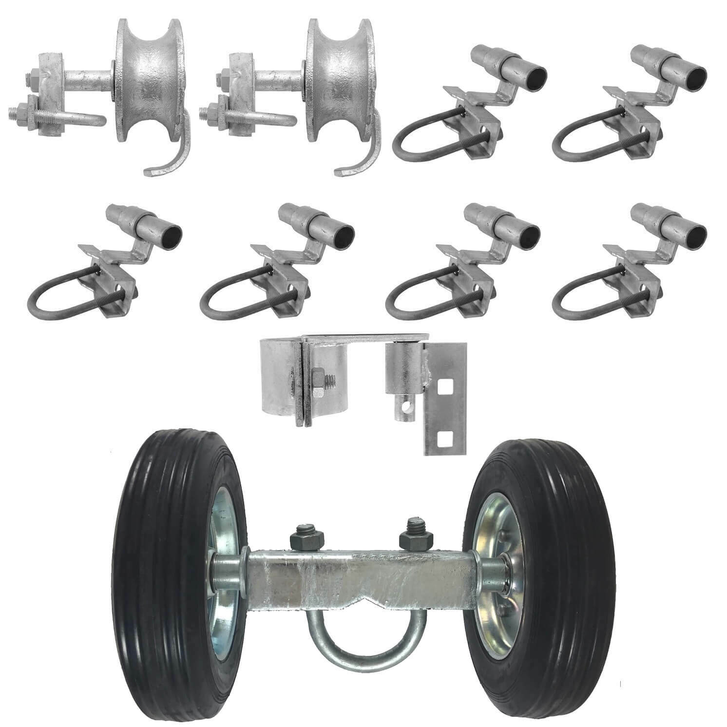 6" ROLLING/SLIDING CHAIN LINK FENCE GATE HARDWARE KIT: 6" Wheel, latch, brackets