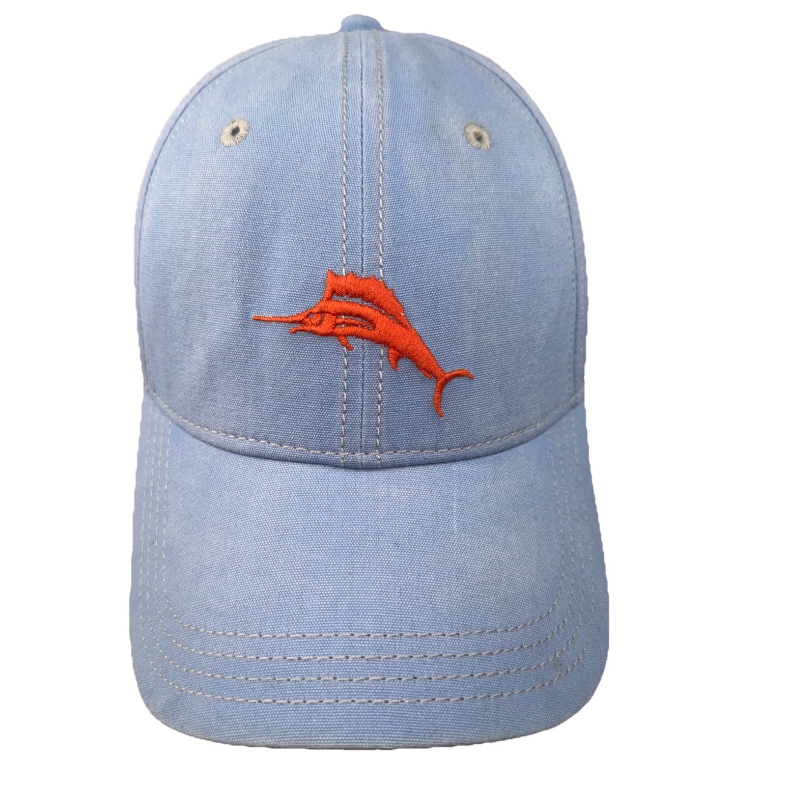 Tommy Bahamma Relax Brand Orange Swordfish on Light Blue Hat Cap Strap Buckle