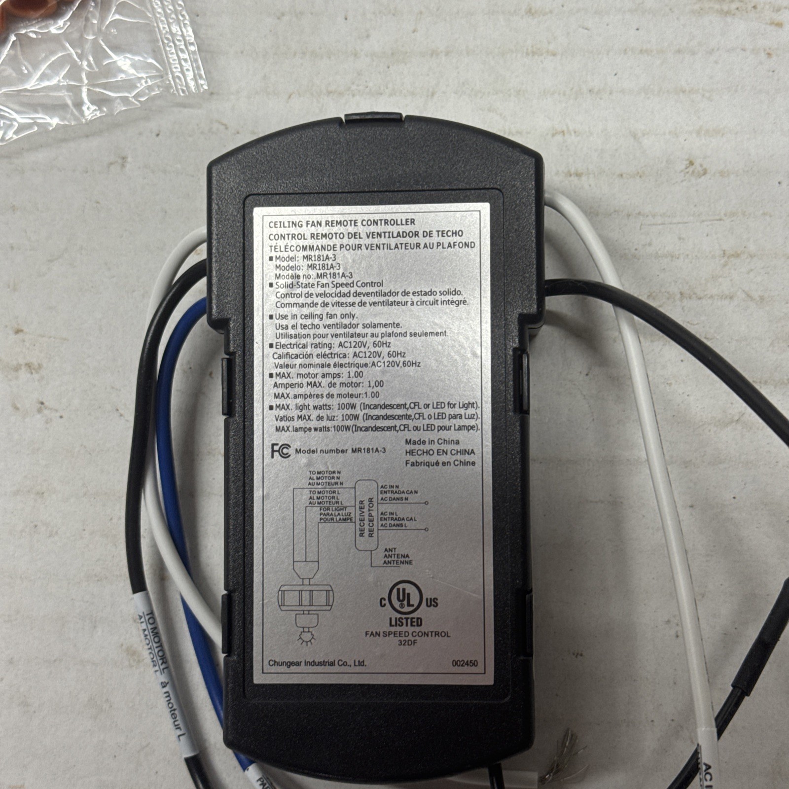 Fanimation Fan MR181A-3 remote & controller Part RCCA050050005 Studio Collect
