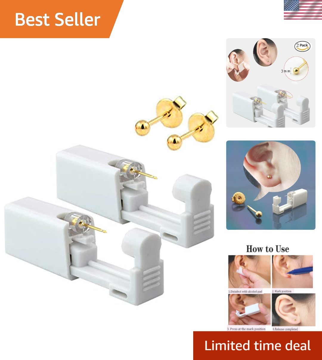 Ultimate Self Ear Piercing Tool Set - 2 Pack with Gold Studs & Alcohol Pads