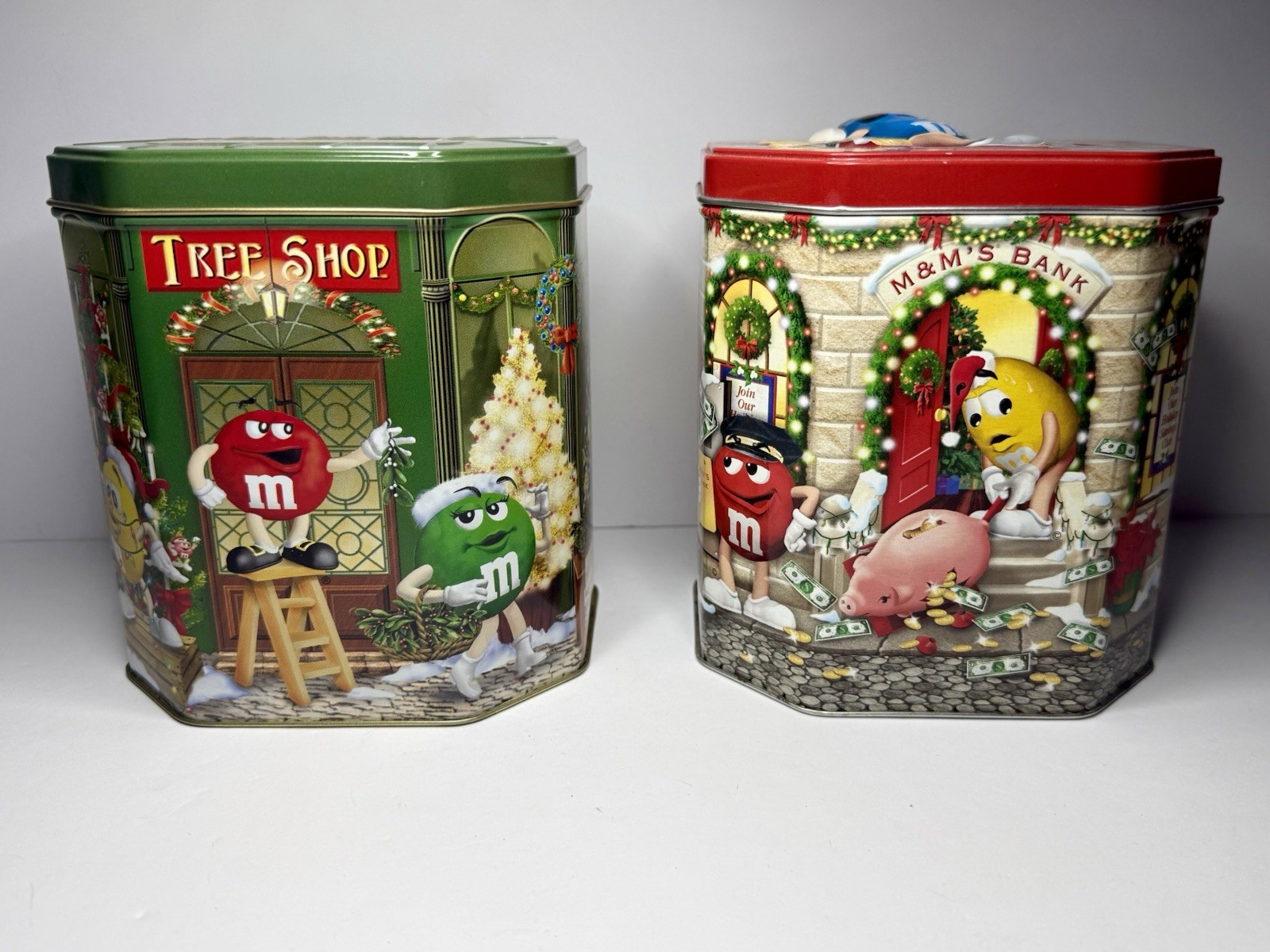 M&M Christmas Village Series Tins x 2 - Tree Shop 2000 & Bank 2003 Vintage