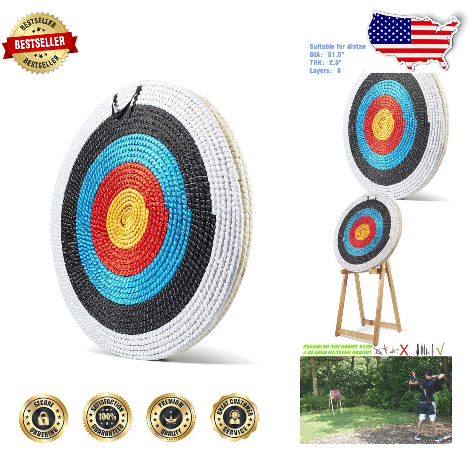 Durable Archery Target 32" Round Straw, 3 Layers, For Professional Archers