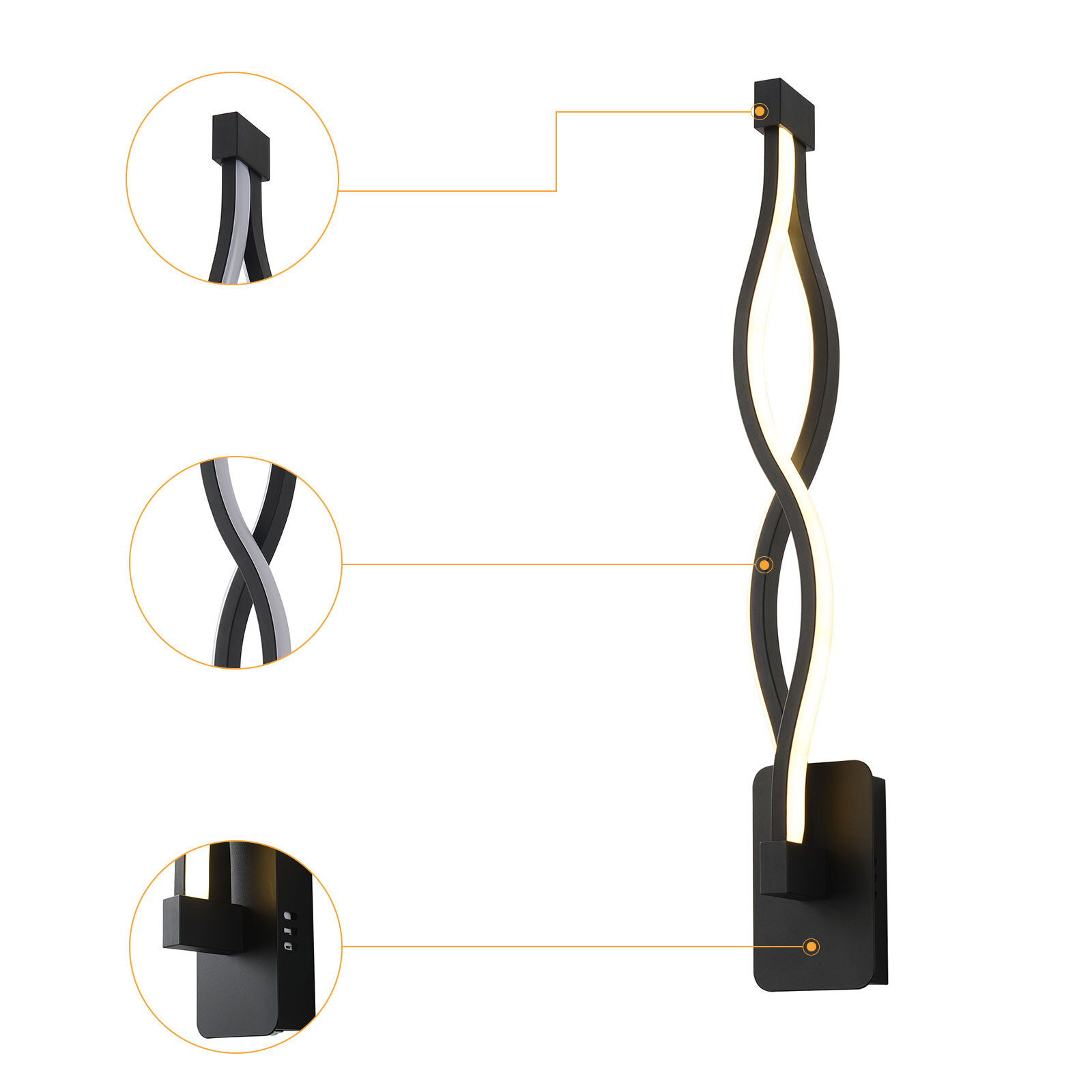 Modern 16W LED Wall-mounted Light Lamp Dimmable Black+Clear Wall Sconce Lighting