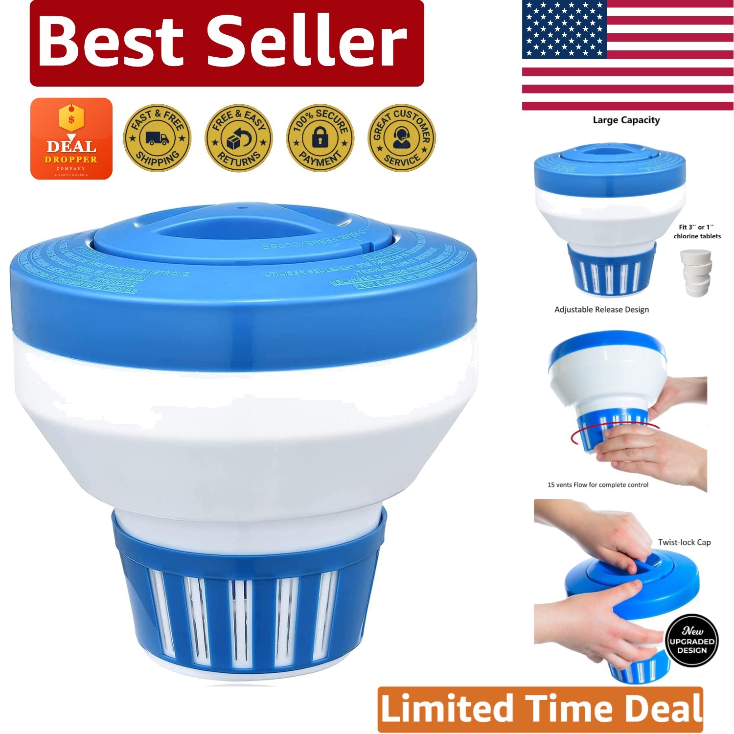 Deluxe 7" Floating Chlorine Dispenser for Pools & Spas, Large Capacity 4 Tablets