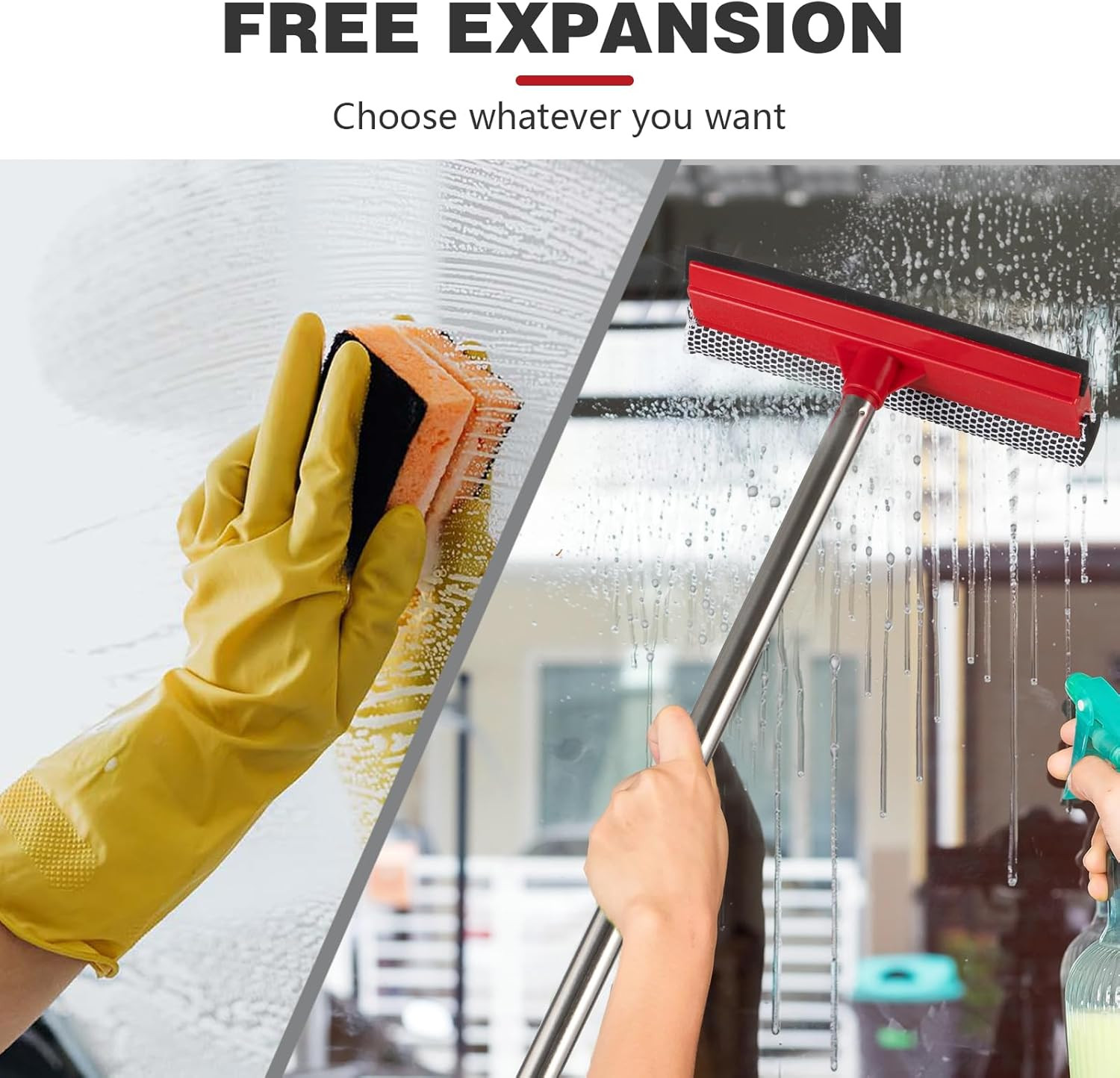 2-in-1 Window Squeegee with 30"-59" Stainless Steel Adjustable Handle - Glass...