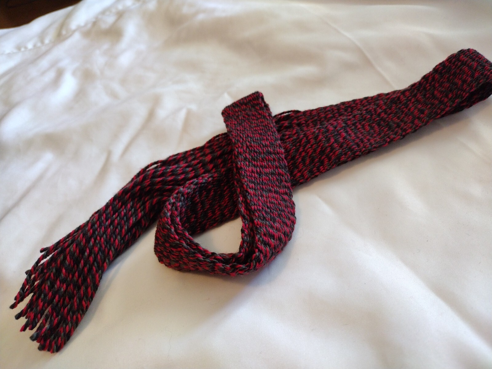#97 Powder Horn inkle loom strap. Our Black Forest Wool Red/Gray/Black 1 1/8x43"
