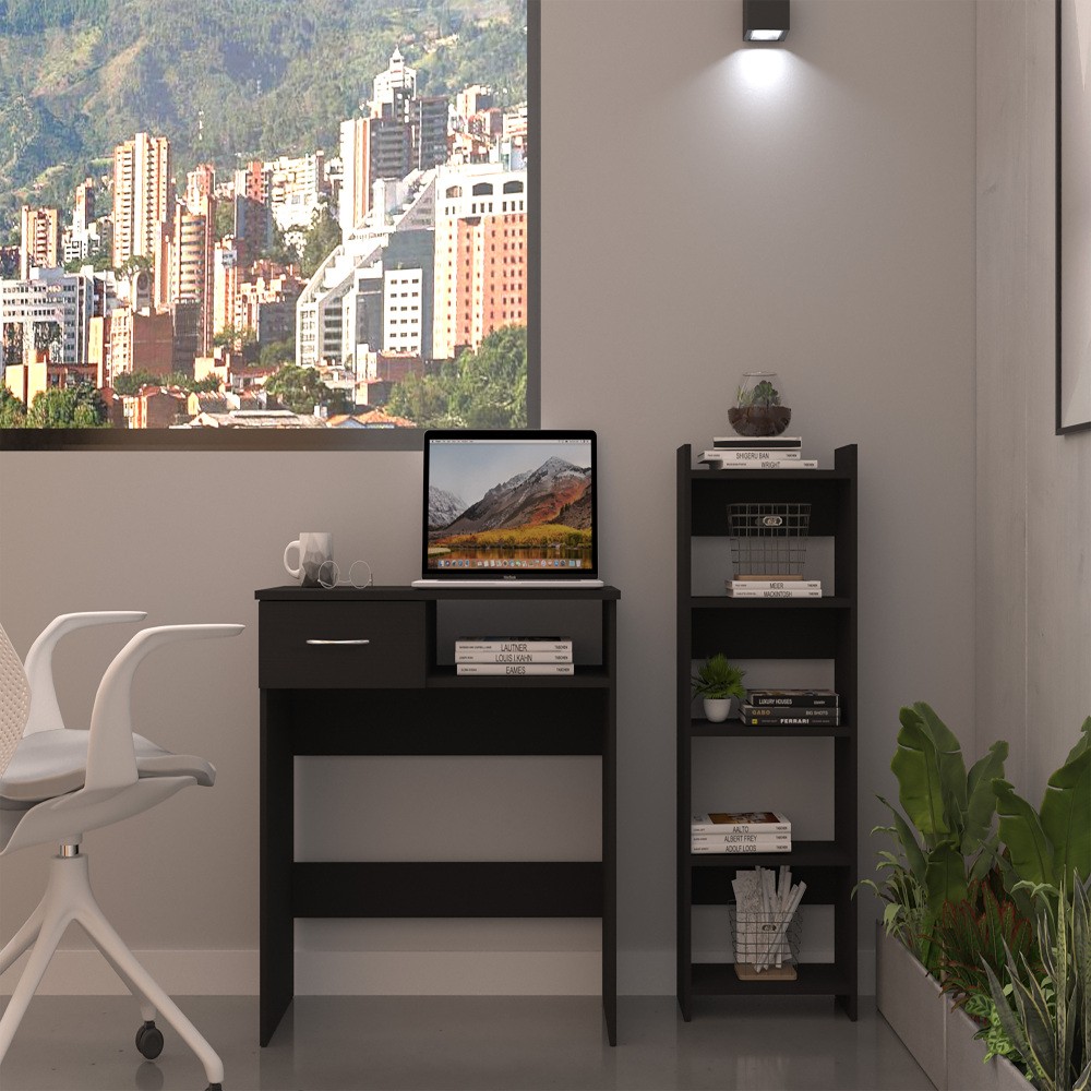 Home Office Set Two Parts Desk Keyboard Tray Stand Five Shelves Black