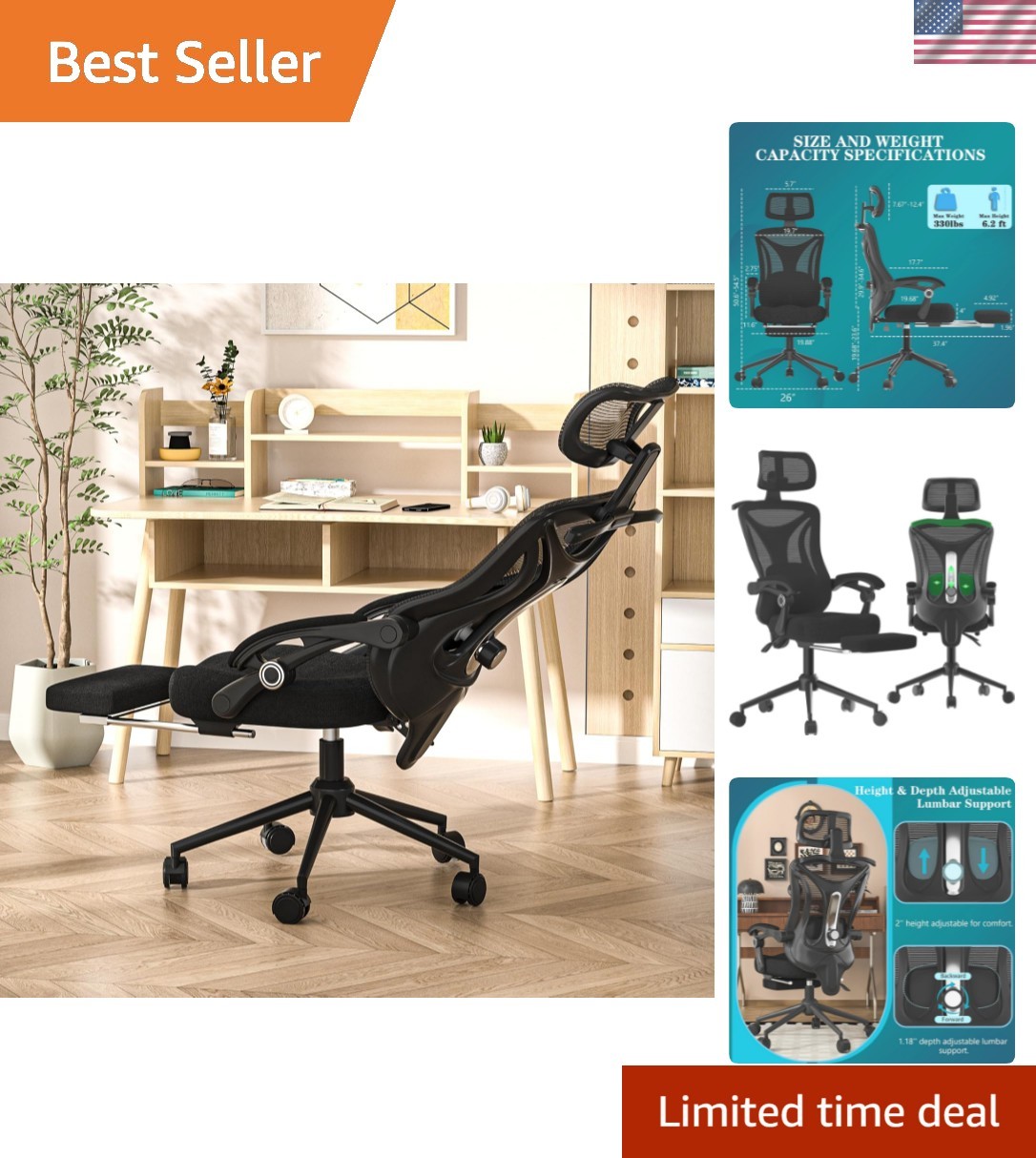 Ergonomic Office Chair with Footrest - Adjustable Lumbar Support & Headrest, ...