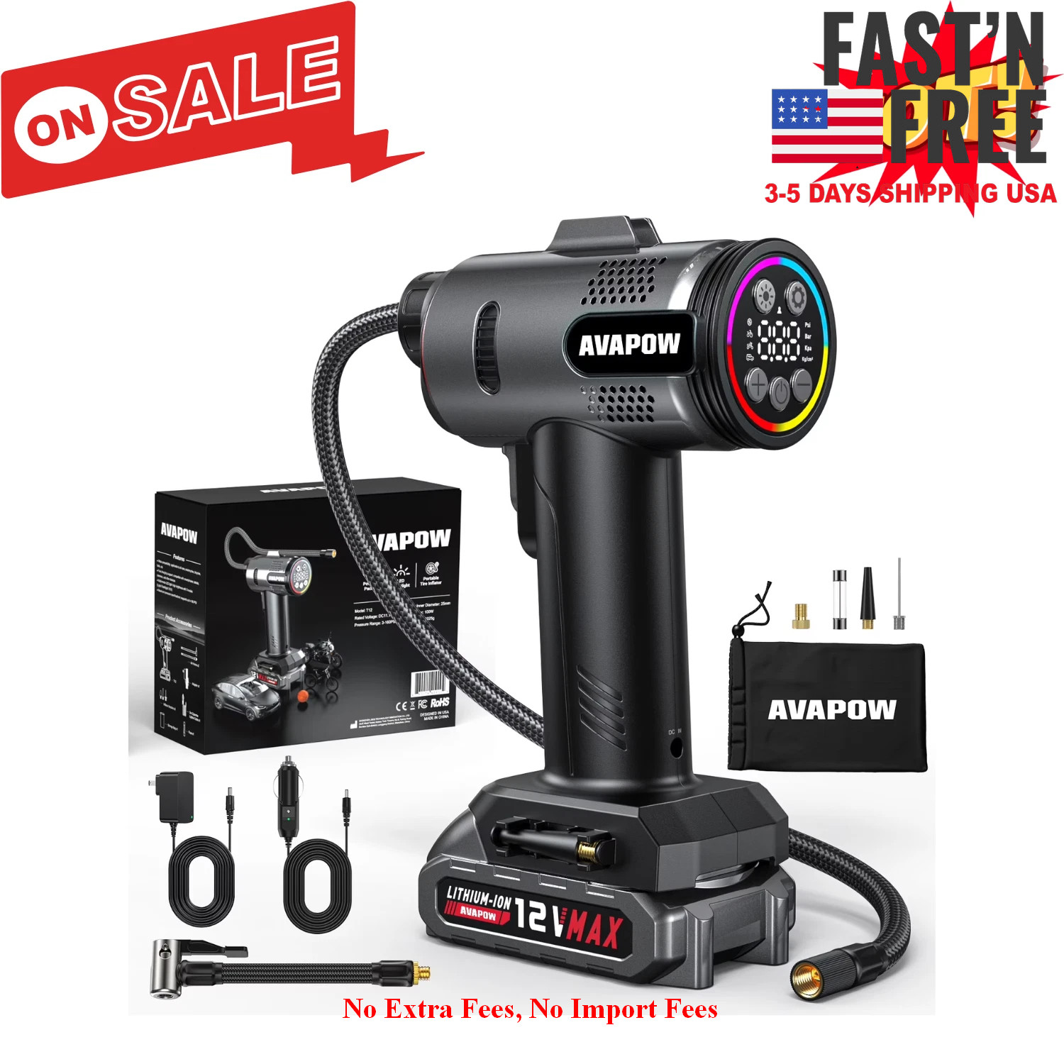 AVAPOW T12 Portable Tire Inflator 160 PSI Cordless Dual Power Air Compressor