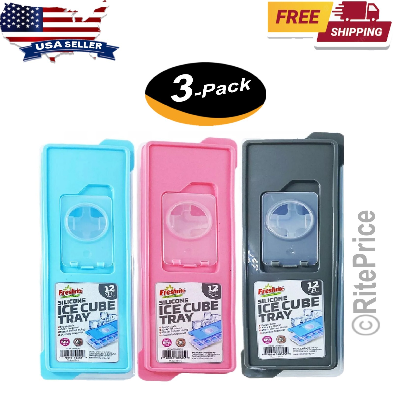 12 Molds Square Sillicone Ice Cube Tray W/Lid BPA FREE AST Color  (3 Pack) - New