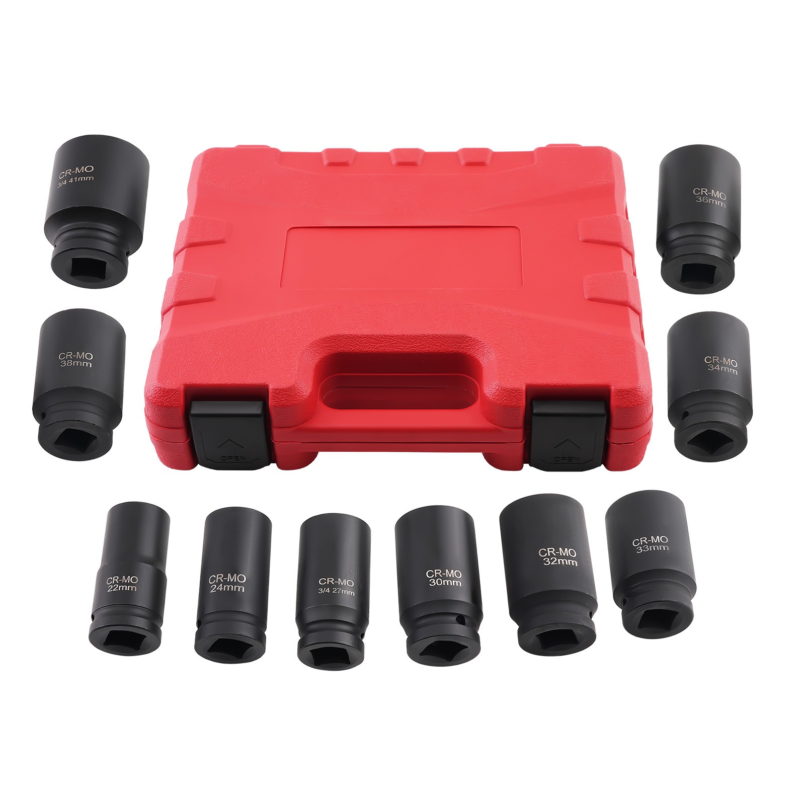 10 Pcs 3/4" Drive Deep Impact Socket Set 6 Point Metric Sockets 22mm-38mm-41mm