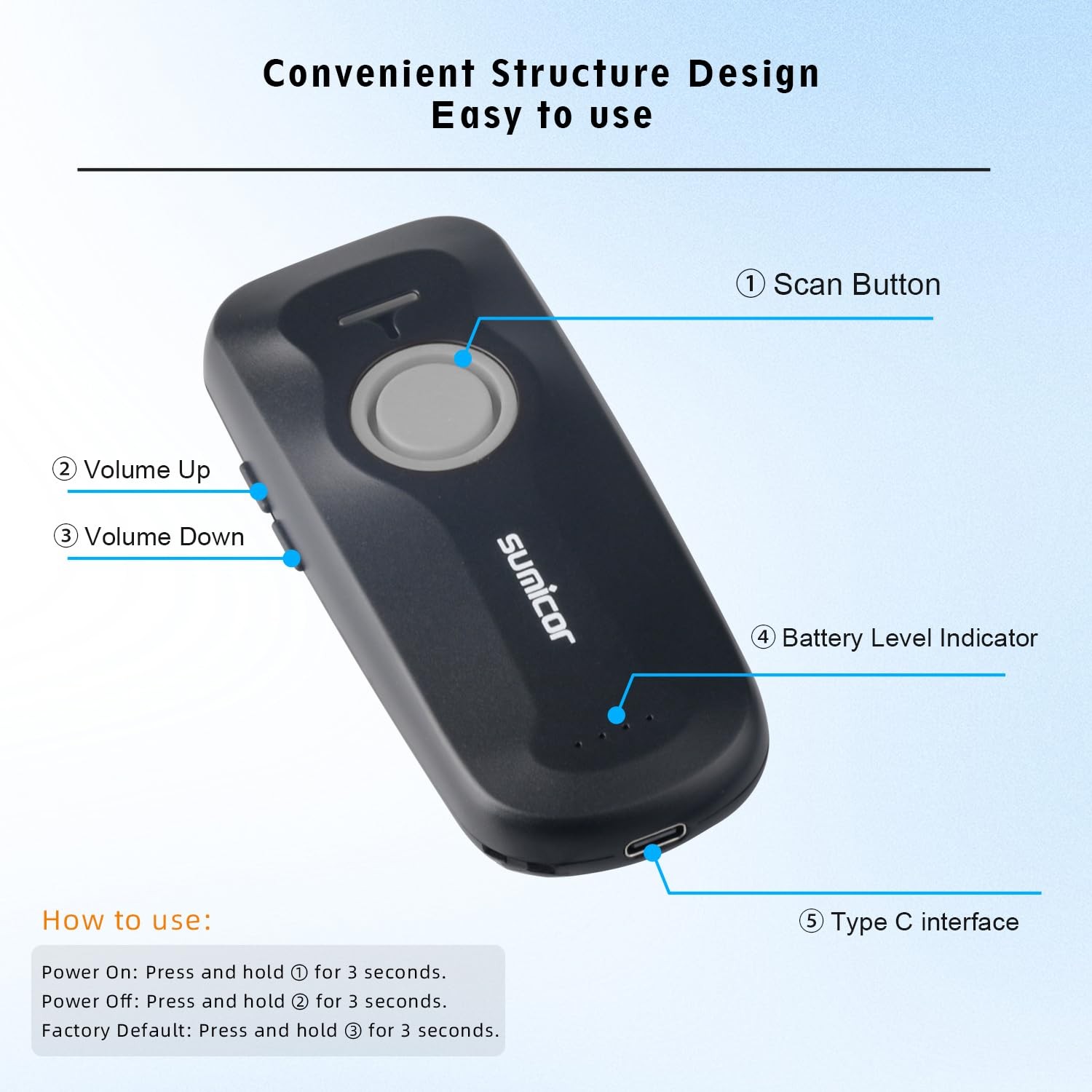 Portable 2D Bluetooth Barcode Scanner, 1500mAh Rechargeable Battery with Leve...