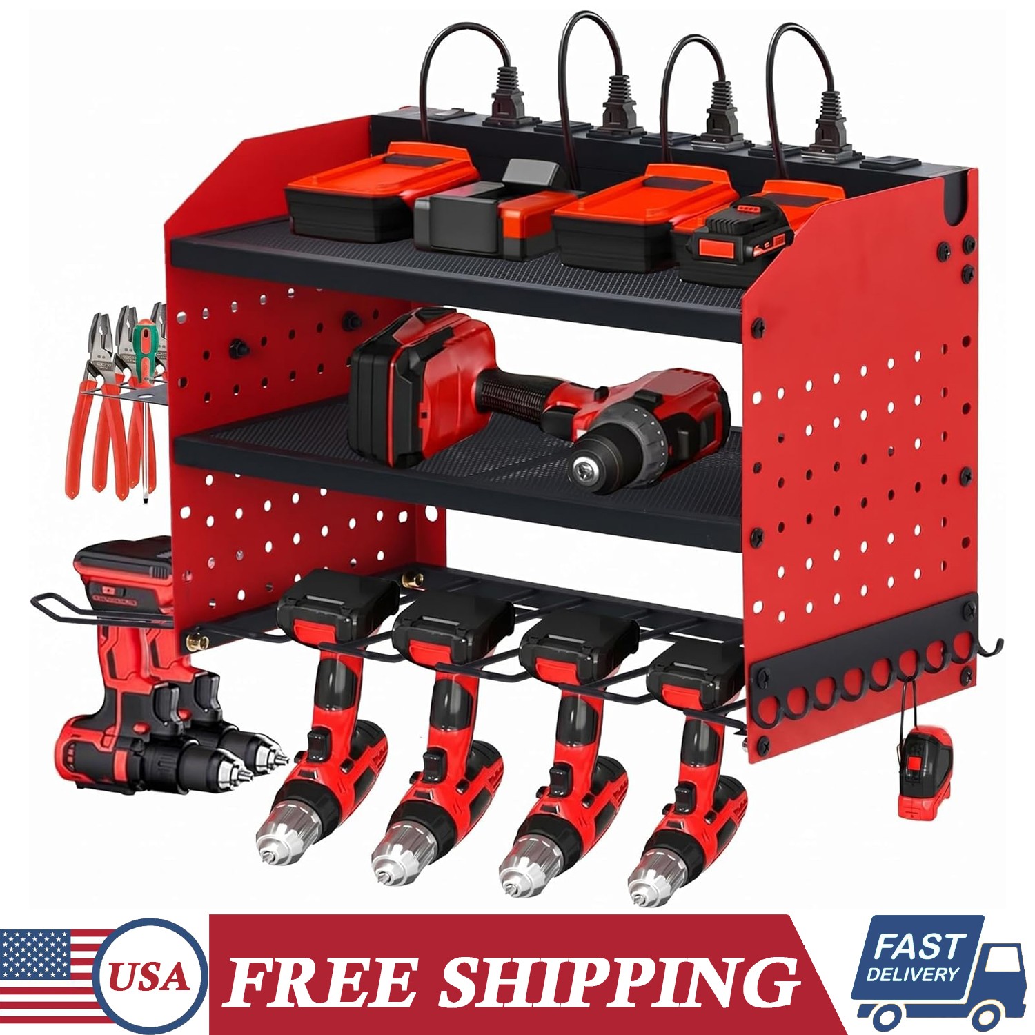 Power Tool Organizer Wall Mount 3-Layer Drill Storage Rack 4-Slot Drill Holders