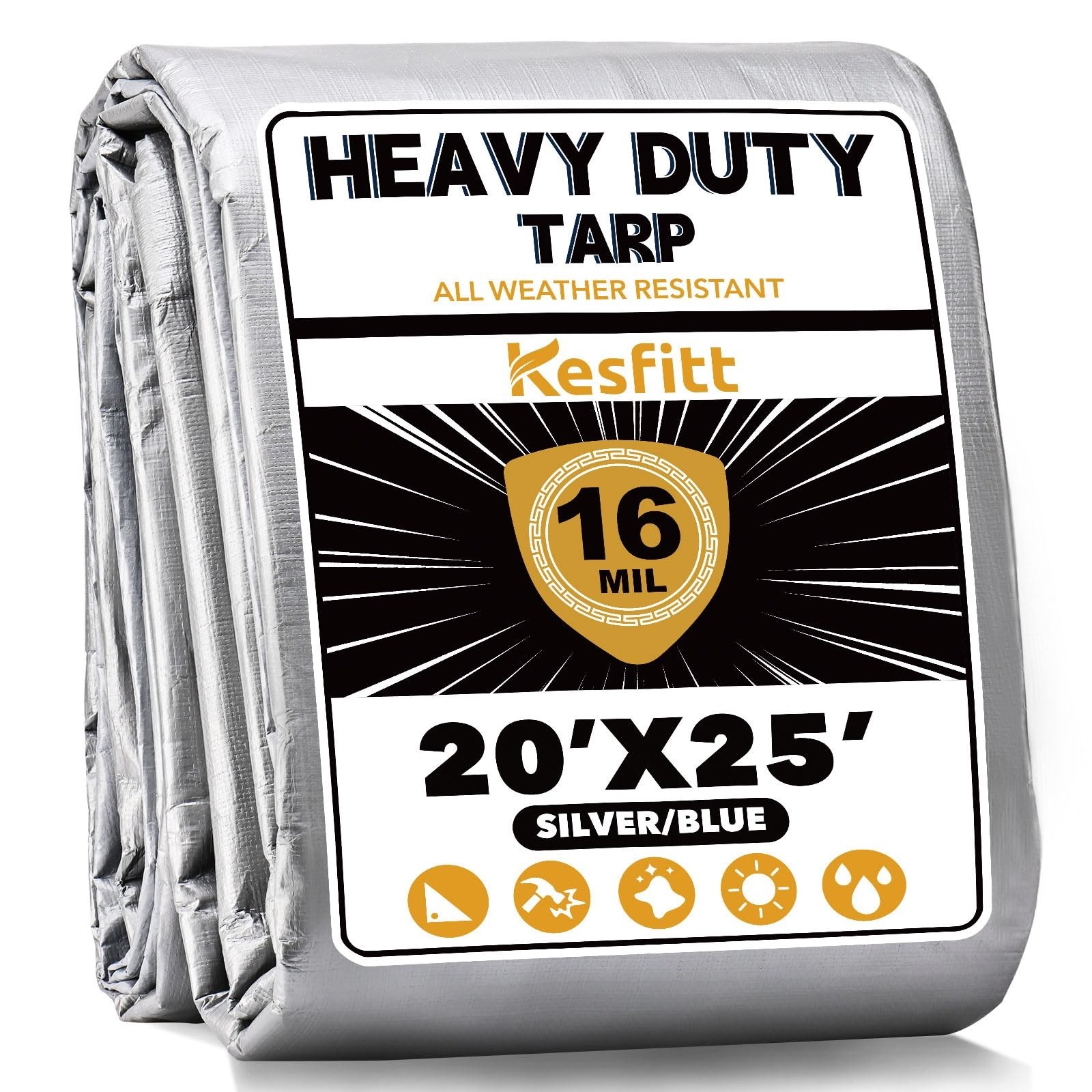 Kesfitt 16 Mil Heavy Duty Waterproof Tarp with Metal Grommets, 20x25 ft, Silv...