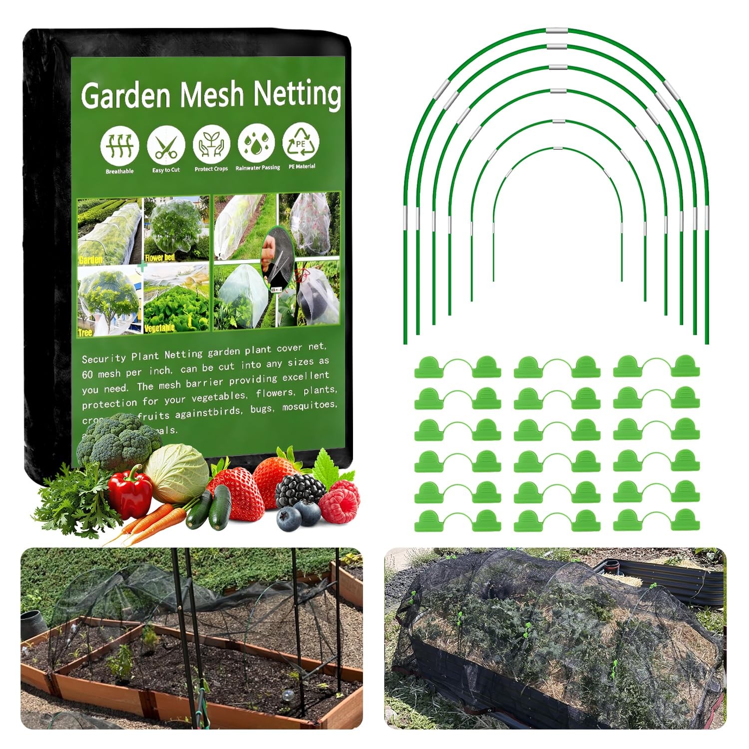 Garden Mesh Netting Kit, 10x30FT Black Ultra Fine Round Hoops,