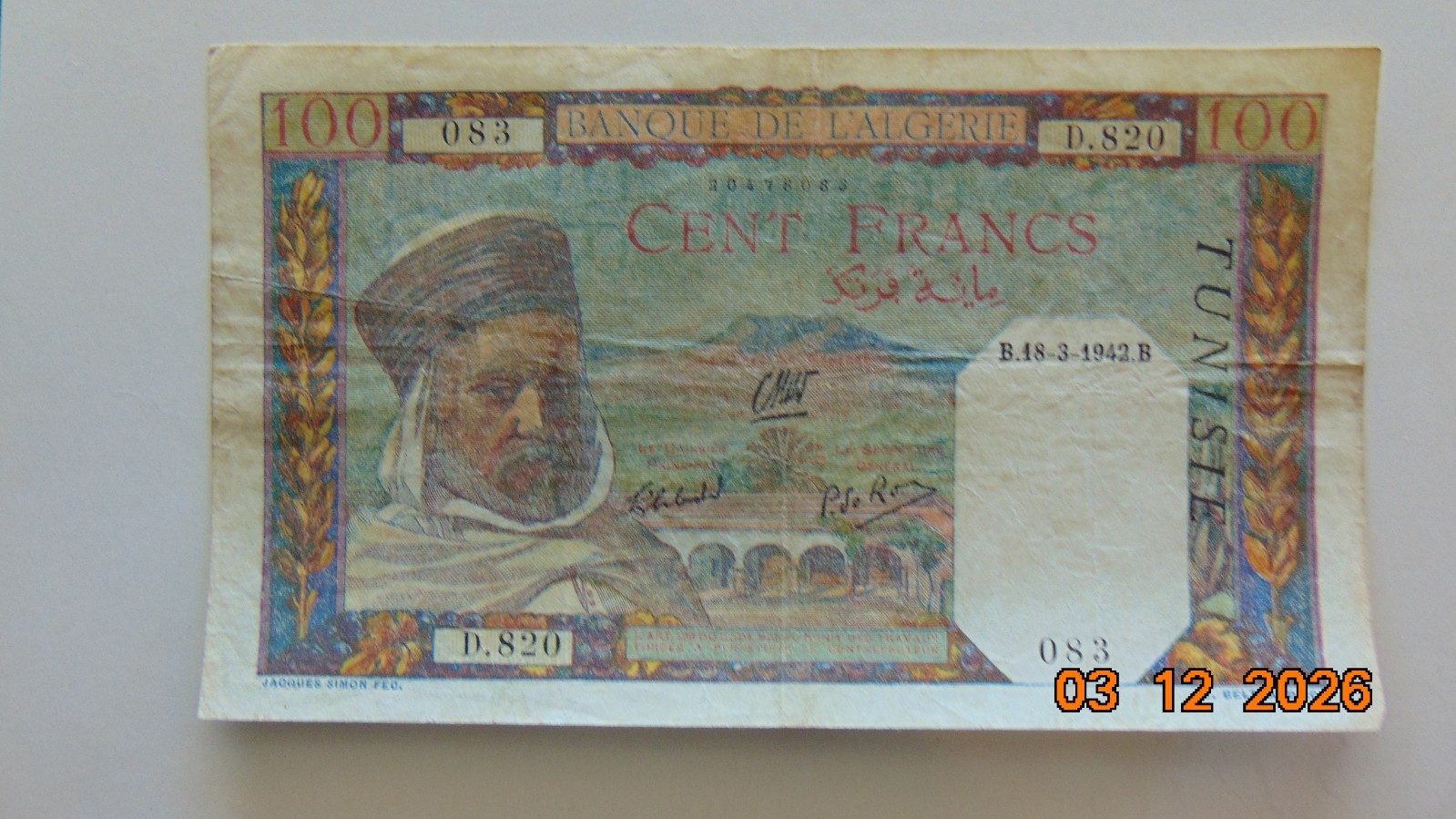 26.03 #61: TUNISIA (op Algeria) 100 Francs 1942 P-83b VF+