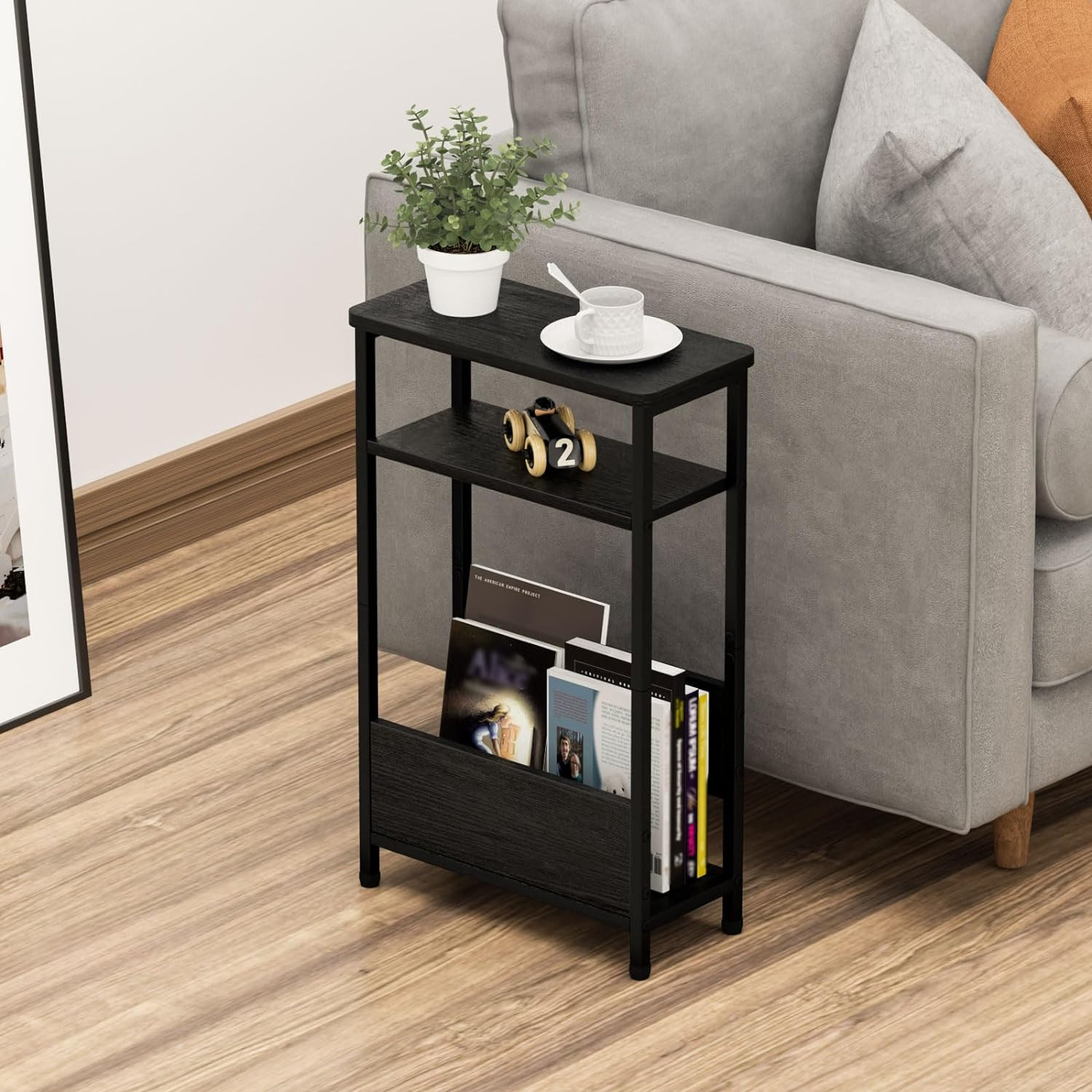 7.1" Narrow Side Table for Small Spaces, 3 Tier End with Black