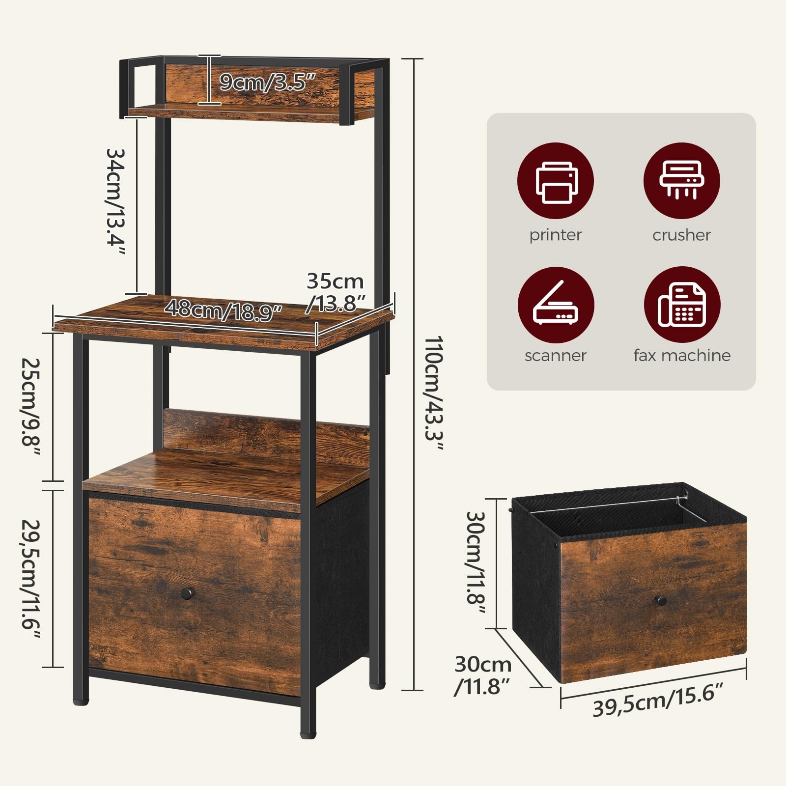 Printer Table with Storage, Home Printer Stand with File Cabinet, Fits A4/Let...