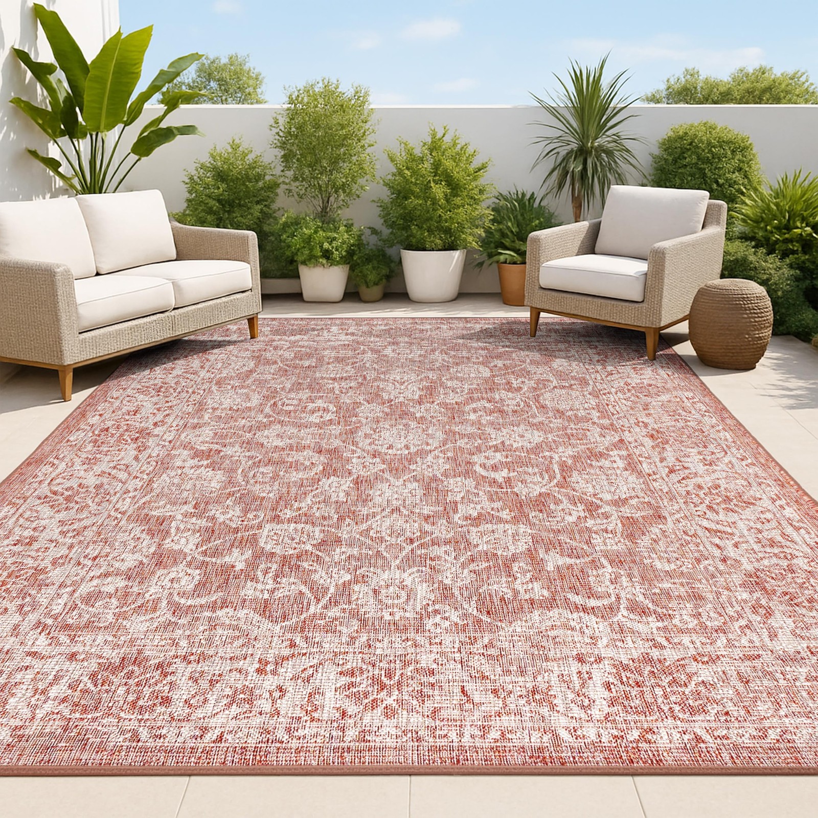 JONATHAN Y Weave Floral Indoor Outdoor Area Rug 9X12 Red/Taupe Tela Bohemian