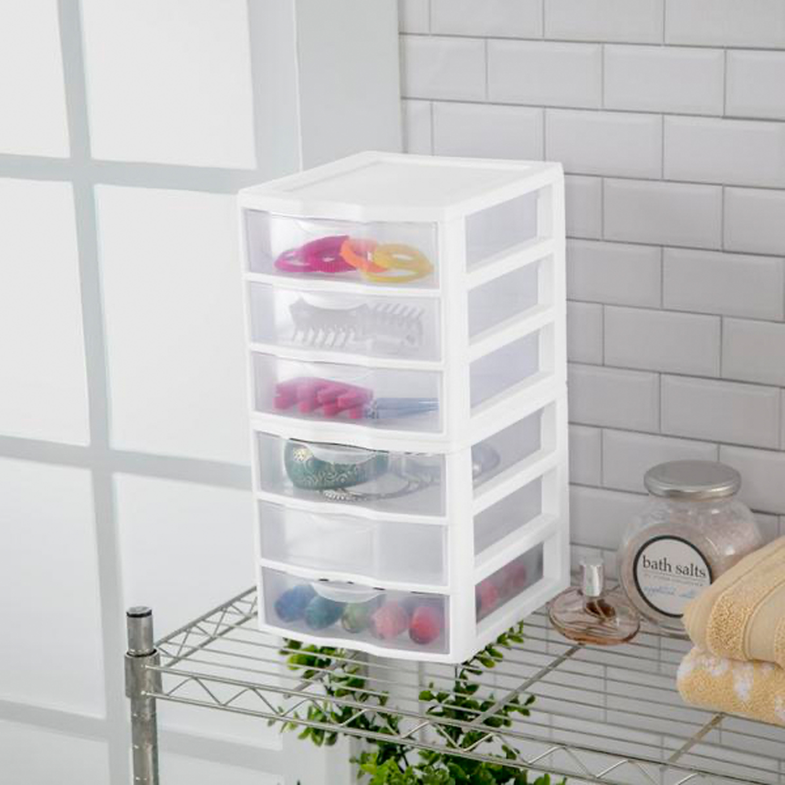 Sterilite ClearView Plastic Small 3 Drawer Desktop Storage Unit, White, 6 Pack