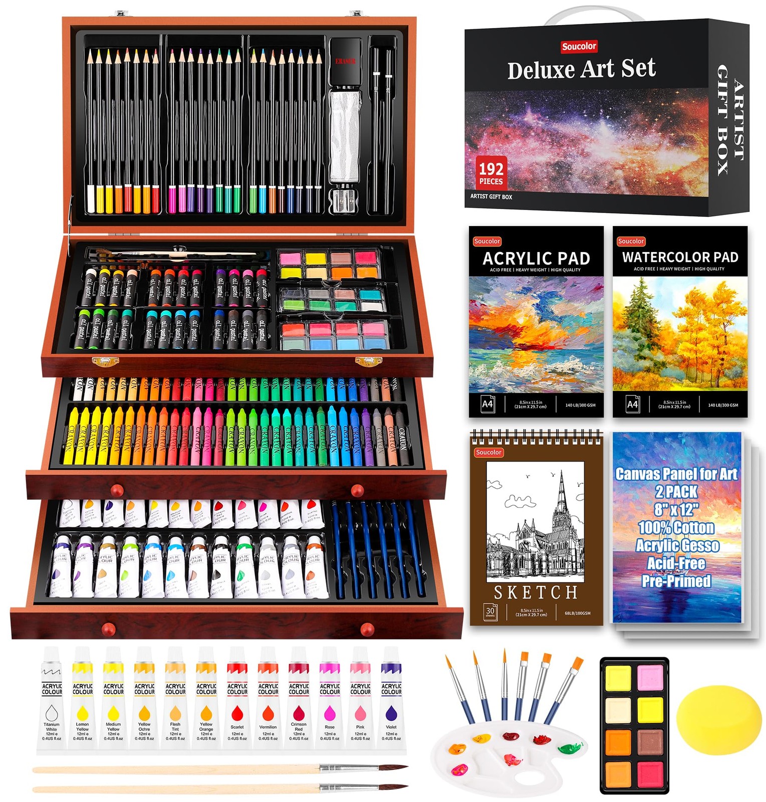 Soucolor Art Supplies, 192-Pack Deluxe Set Drawing Painting A4, Brown
