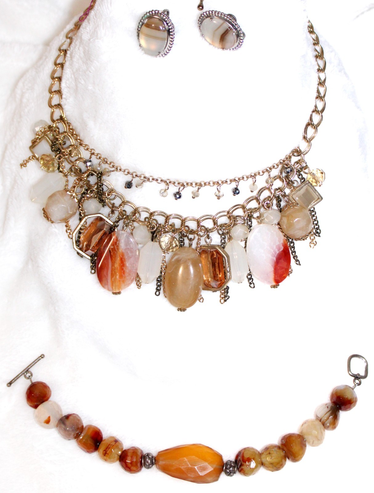 Jasper Stone Cluster Necklace Agate Quartz Rhinestones