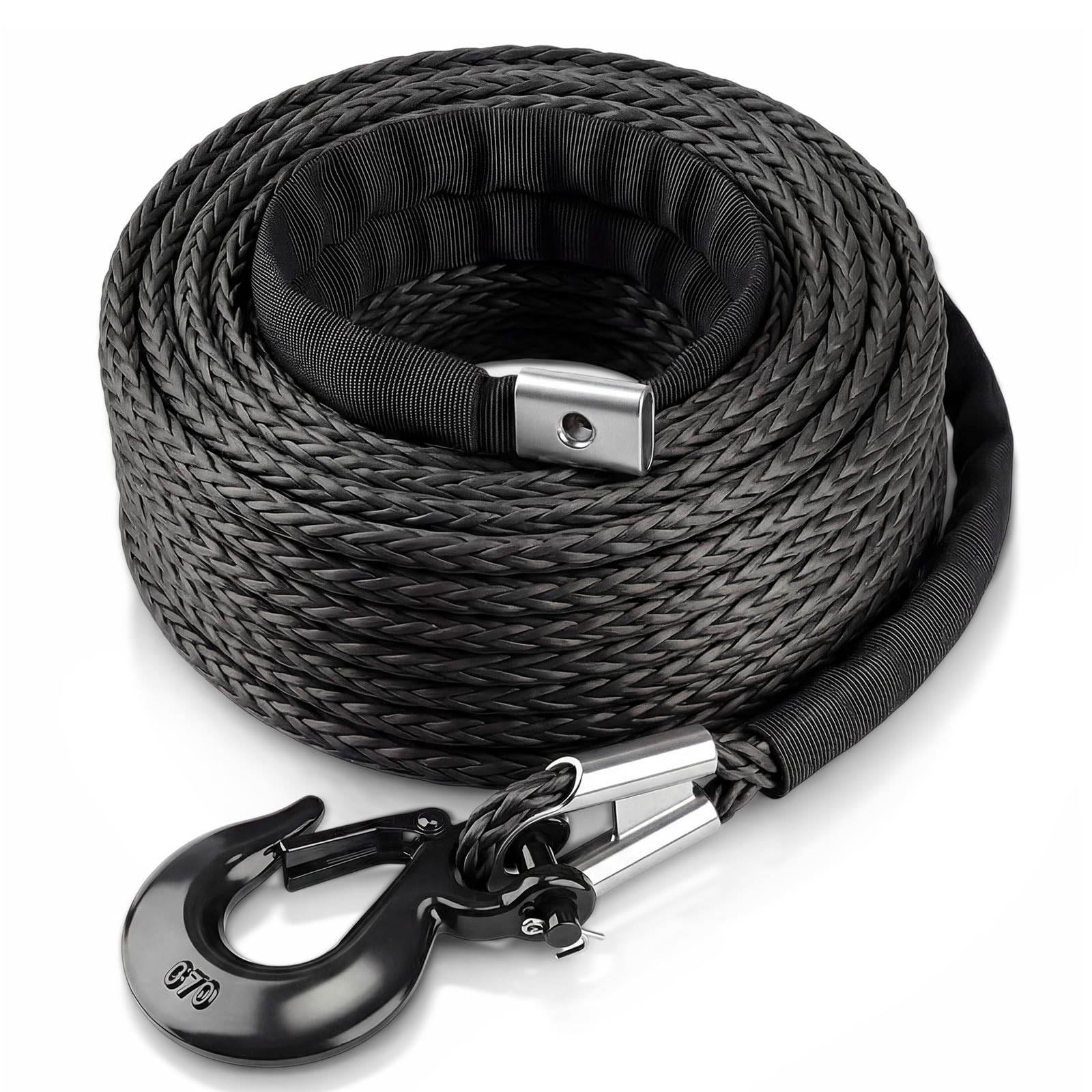 Synthetic Winch Rope 3/8" x 100ft with Protective Sleeve and Forged Hook