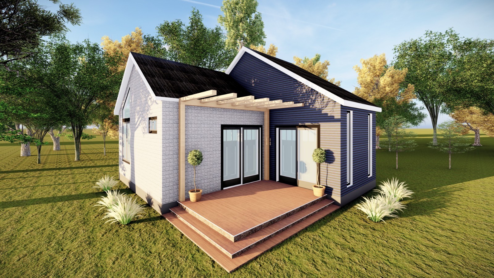 460sqft Two Bedroom Tiny Home ADU Design Plans – Floor Plan, Elevations