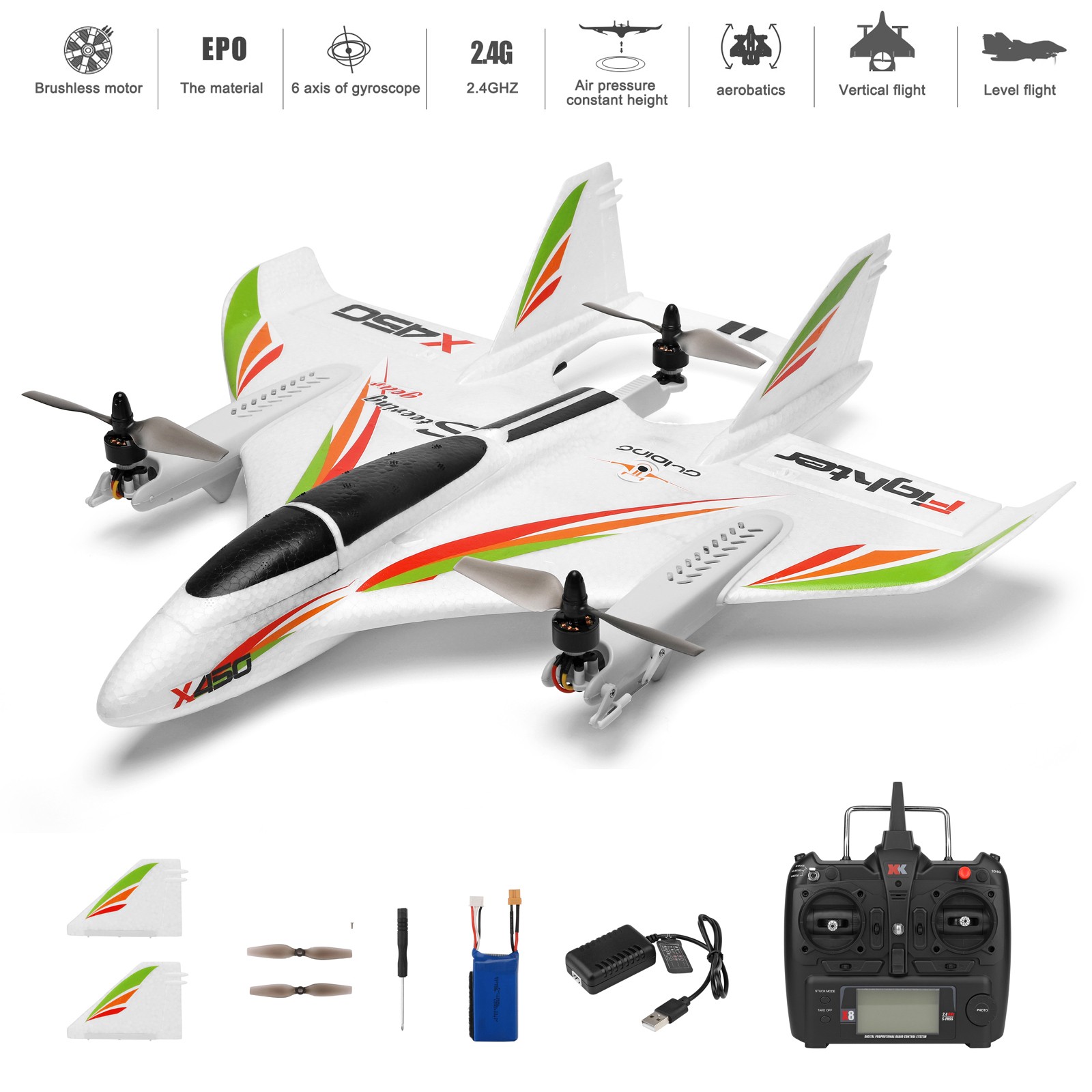 WLtoys XK X450 RC Airplane Brushless 2.4G 6CH 3D/6G LED Fixed Wing RTF EP