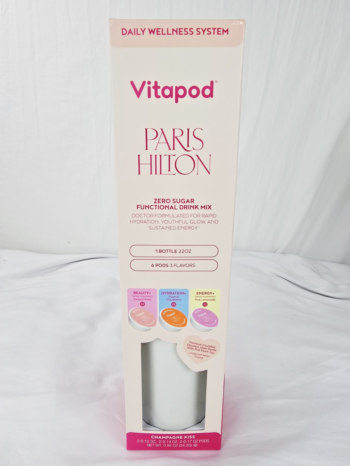 Paris Hilton x Vitapod 22oz Water Bottle & 6 Drink Mix Pod Champion Kiss White