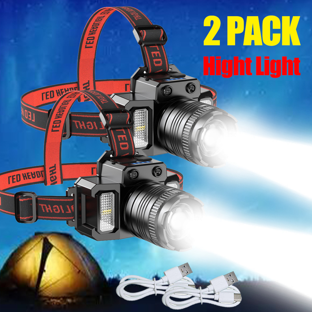 2PCS Brightest 9900000LM Rechargeable Sensor Headlamp Zoom Headlight Flashlight