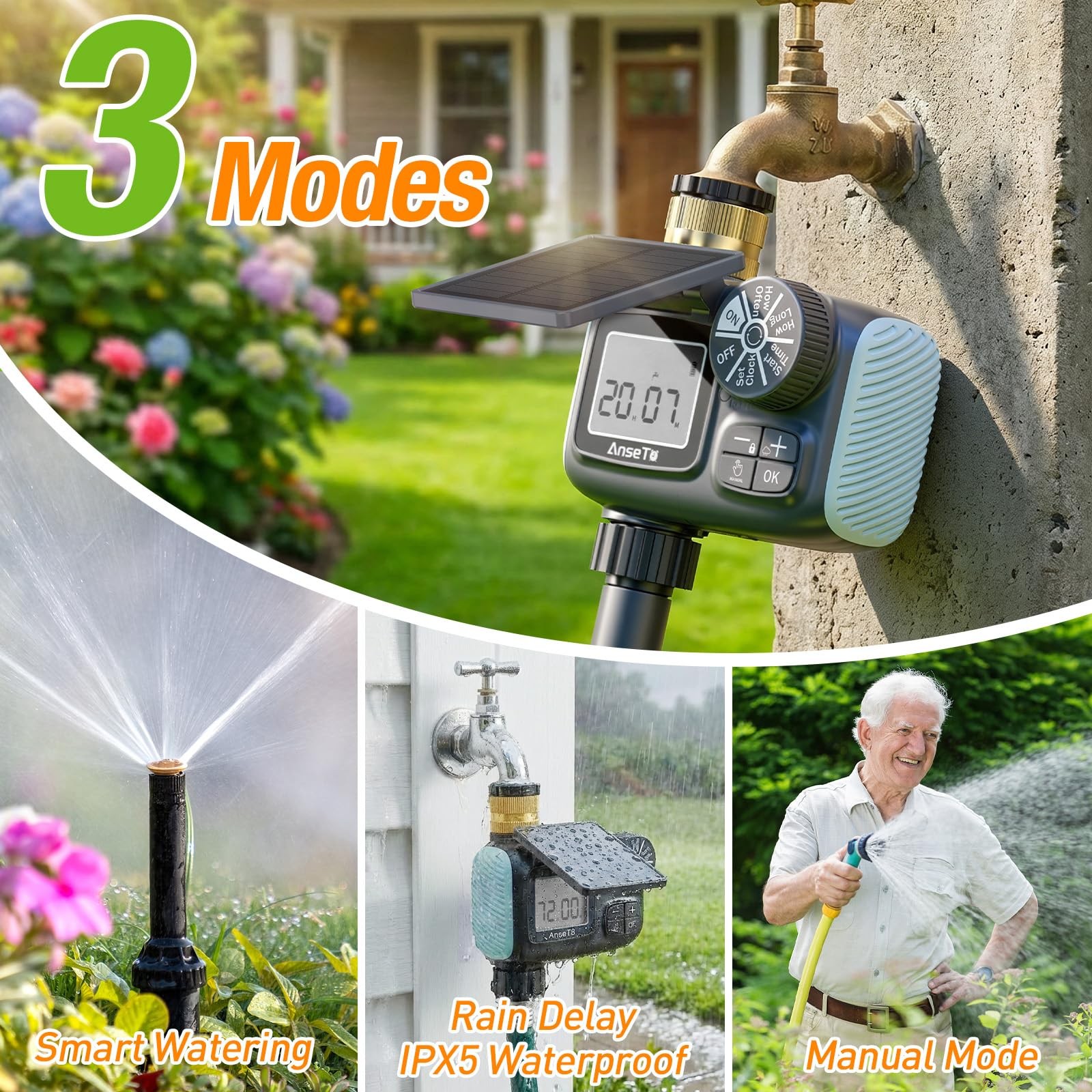 AnseTo Solar Sprinkler Timer, & Type-C Time Timerr, Gray