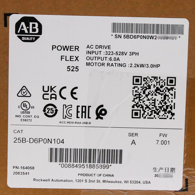 Sealed Genuine 25B-D6P0N104 /A PowerFlex 525 2.2kW 3Hp AC Drive ！ US Free Tax