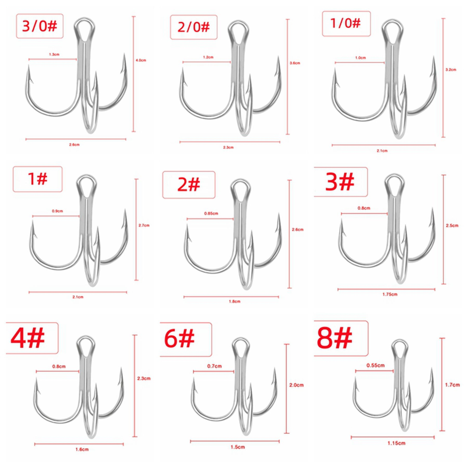 100pcs Treble Fishing Hook Round Bend Sharp Treble Hooks Size 1/4/6/8/10/12/14