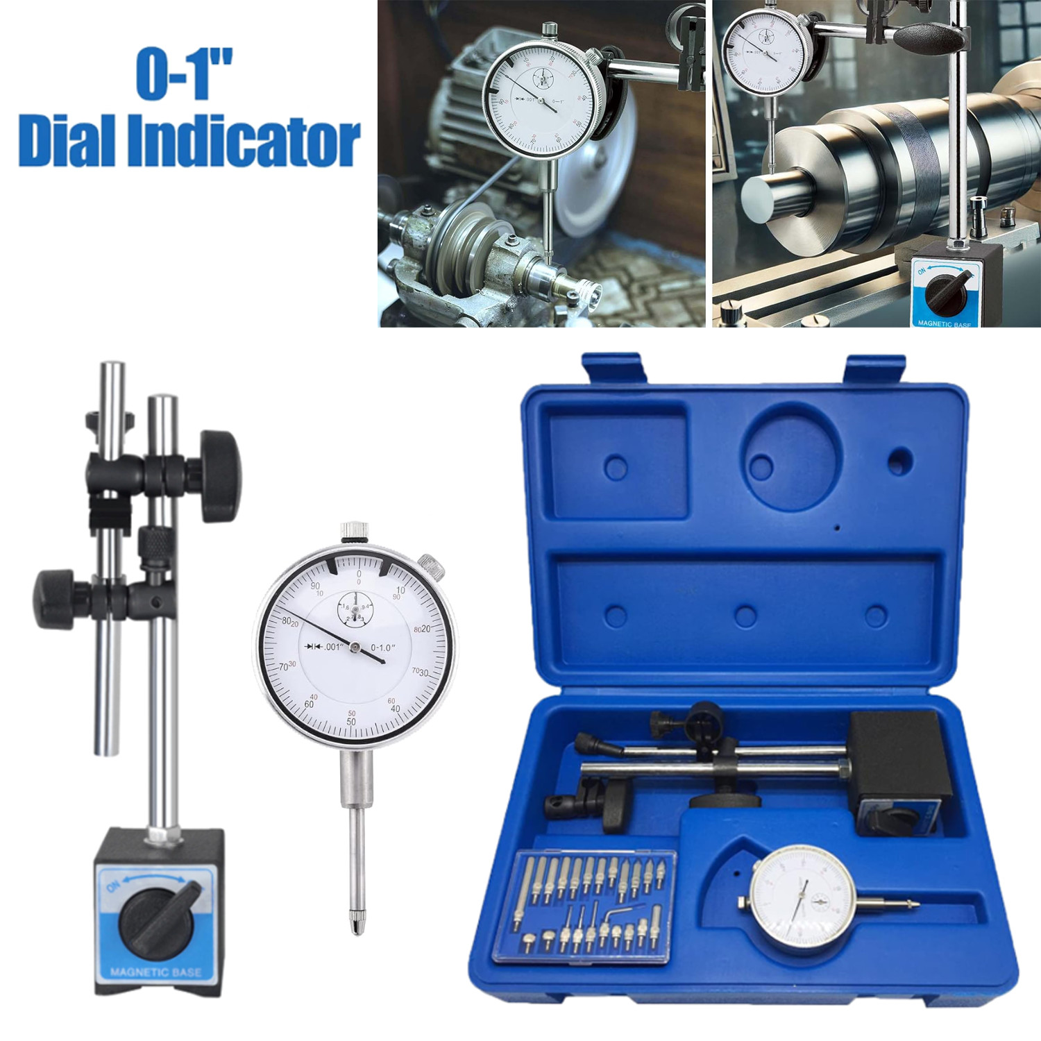 Dial Indicator with Magnetic Base Holder Differential Backlash Gauge 0-1" Test