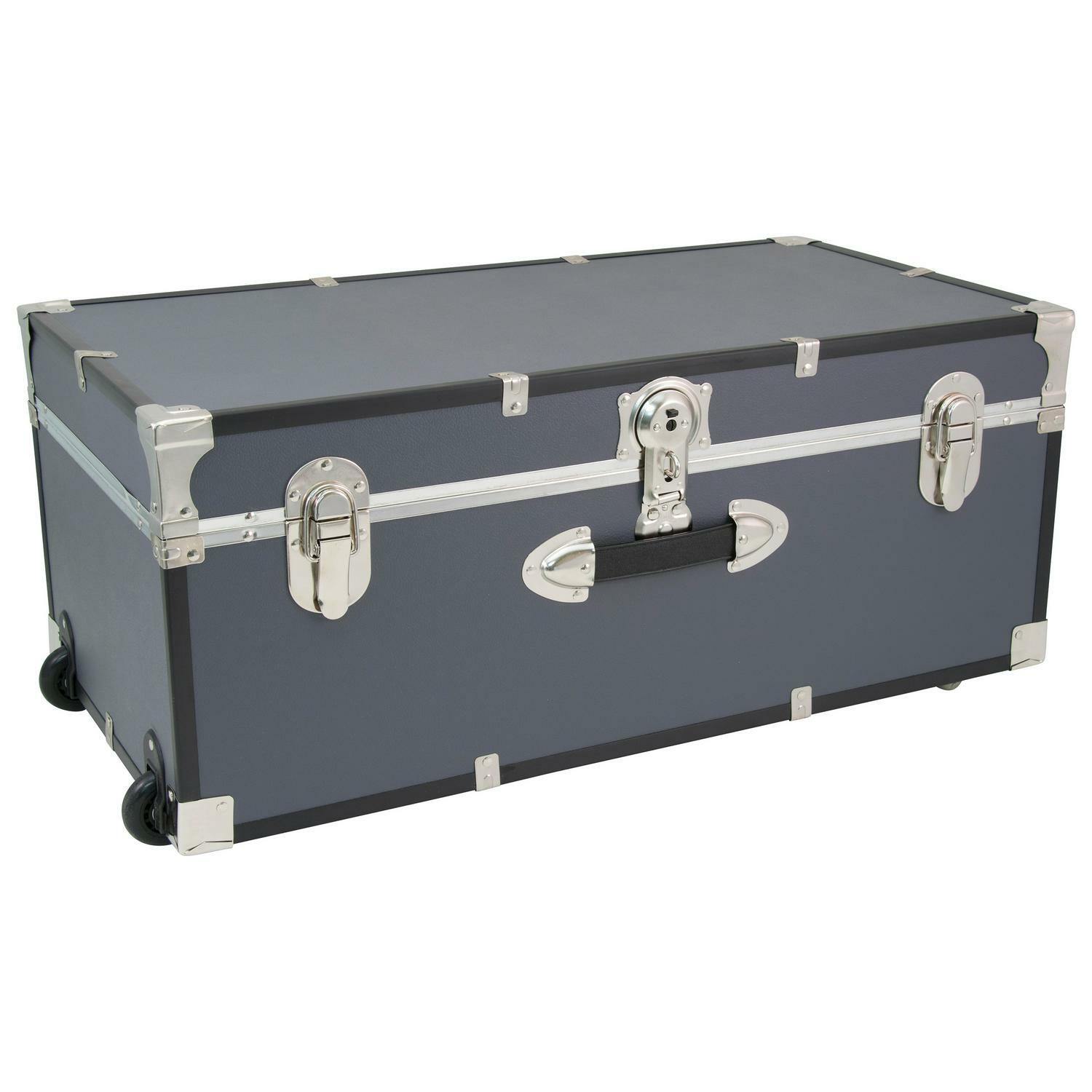 Storage Chest Trunk Footlocker with Wheels Lock Gray Luggage Collegiate Dorm